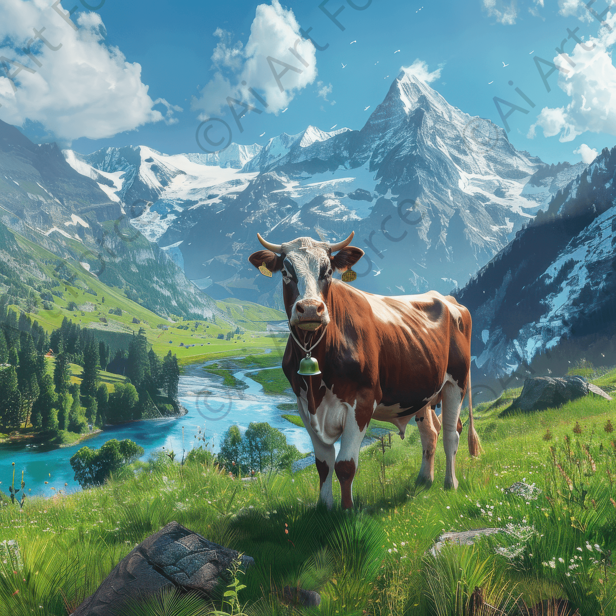 Digital Ai Artwork, of Alp Cow enjoying the high Alp Mountains, ideal for art enthusiasts and collectors.