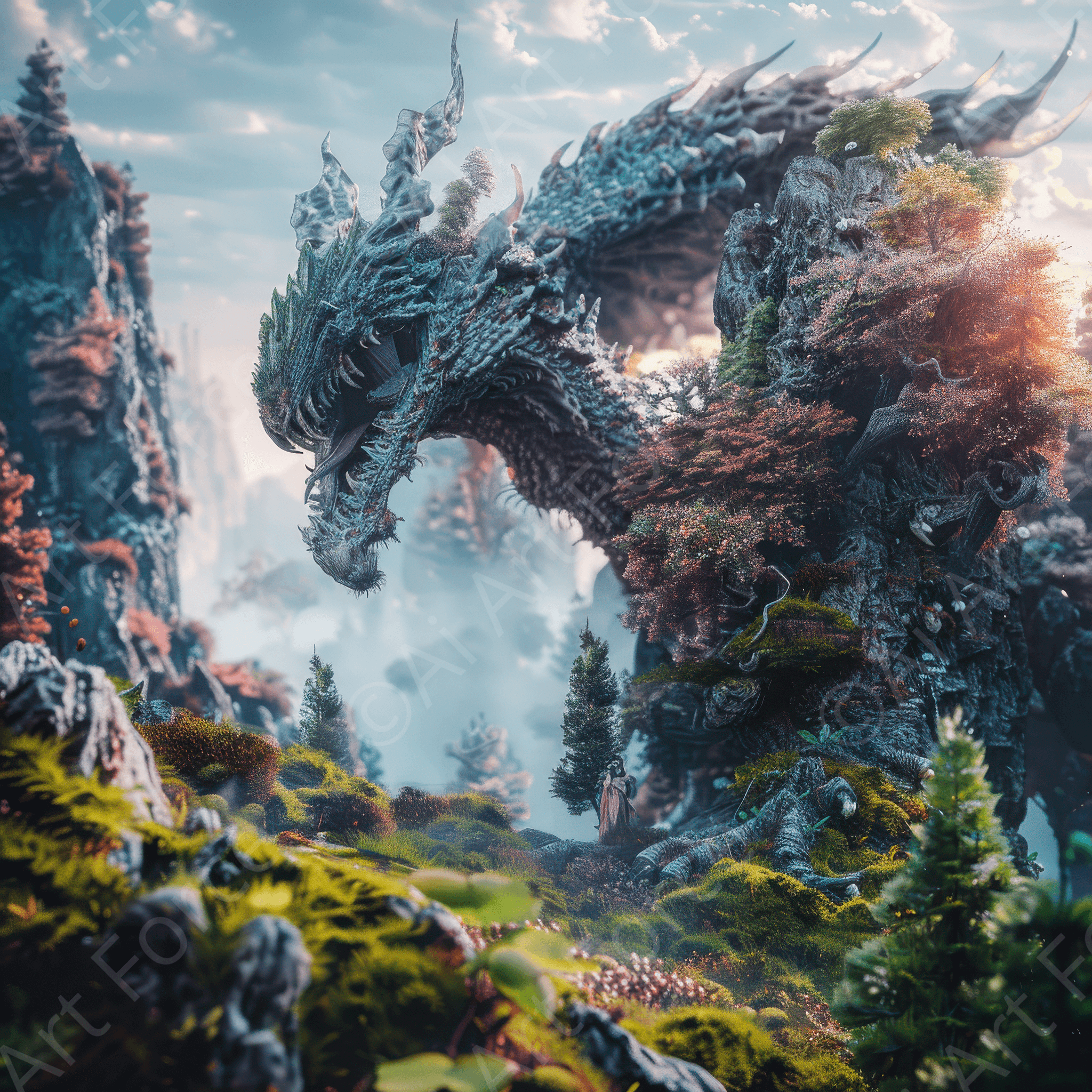 Digital Ai Artwork, of Amazing fantasy world with fantasy creatures 55mm dragon 2, ideal for art enthusiasts and collectors.