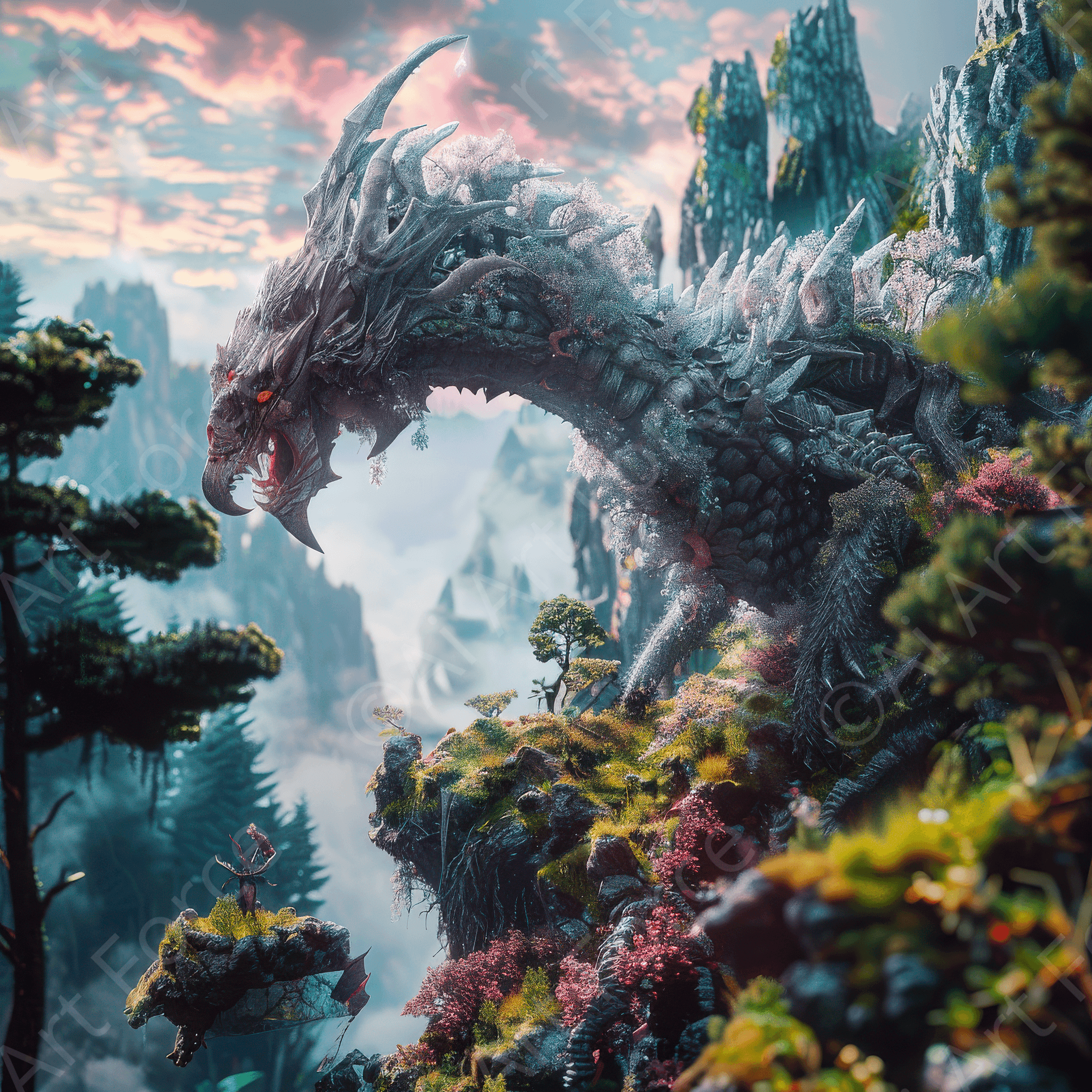 Digital Ai Artwork, of Amazing fantasy world with fantasy creatures 55mm dragon 3, ideal for art enthusiasts and collectors.