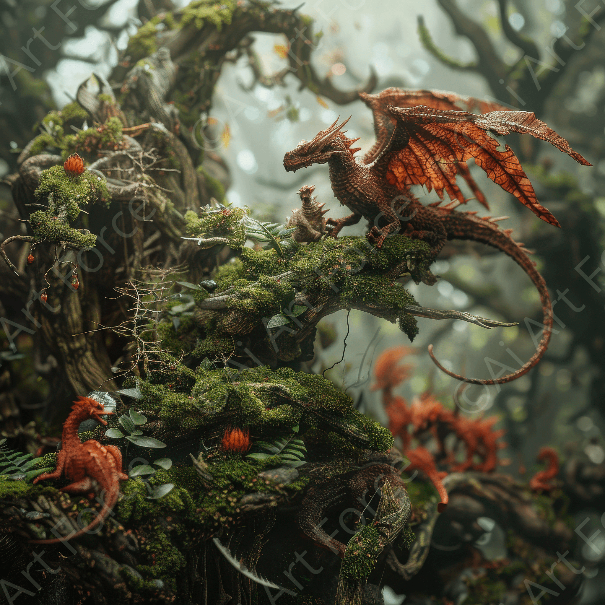 Digital Ai Artwork, of Amazing fantasy world with fantasy creatures 55mm dragon family 2, ideal for art enthusiasts and collectors.