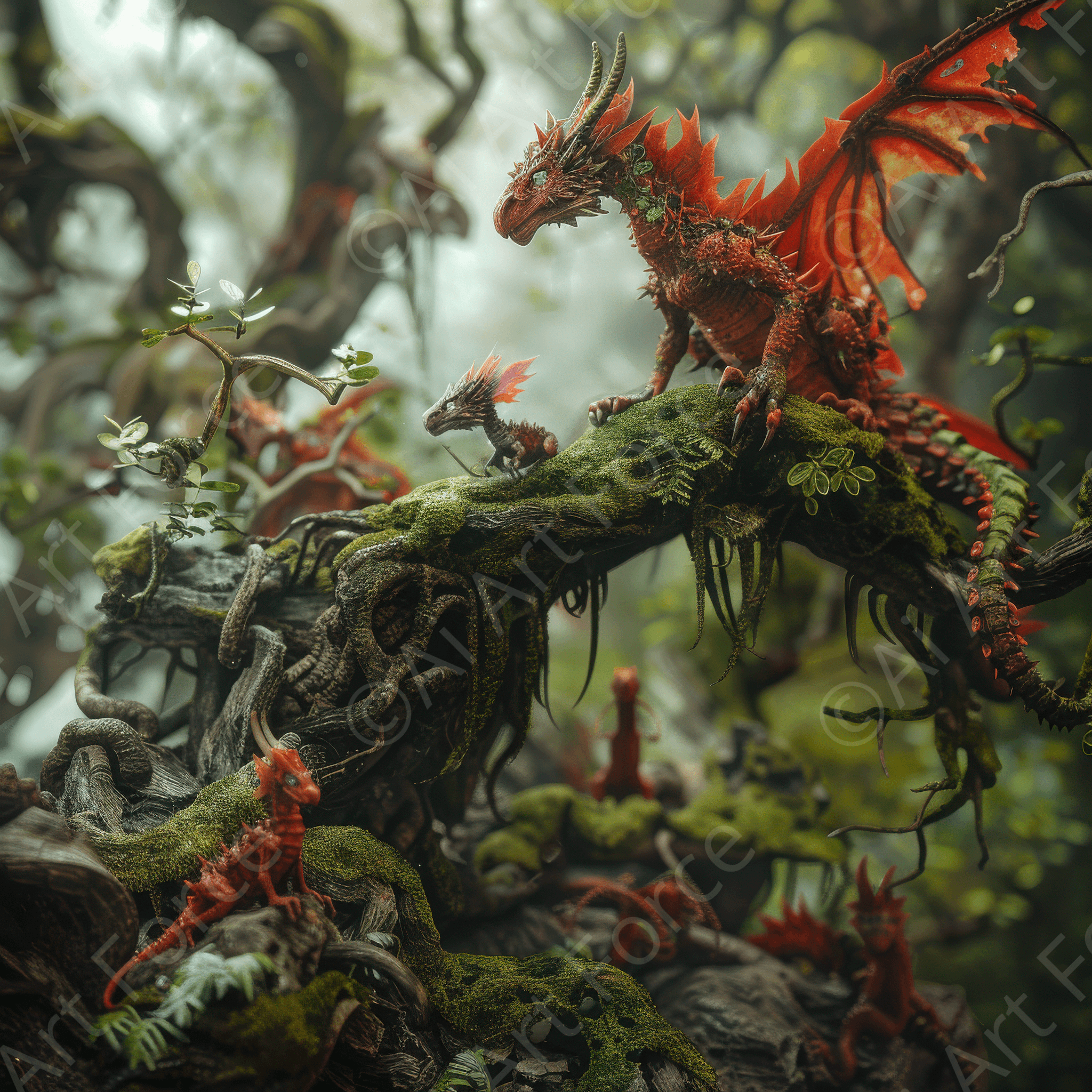 Digital Ai Artwork, of Amazing fantasy world with fantasy creatures 55mm dragon family 4, ideal for art enthusiasts and collectors.