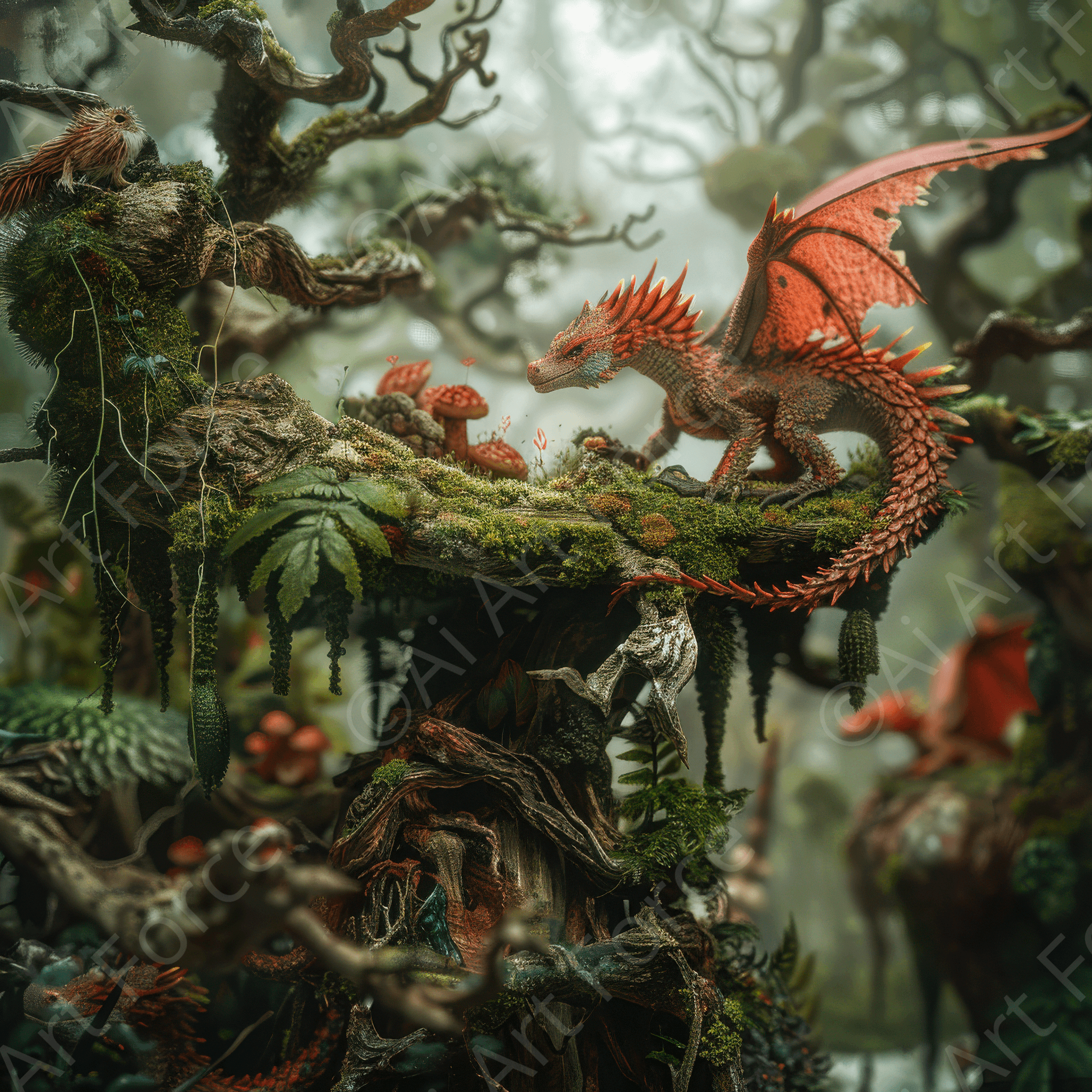 Digital Ai Artwork, of Amazing fantasy world with fantasy creatures 55mm dragon family 5, ideal for art enthusiasts and collectors.