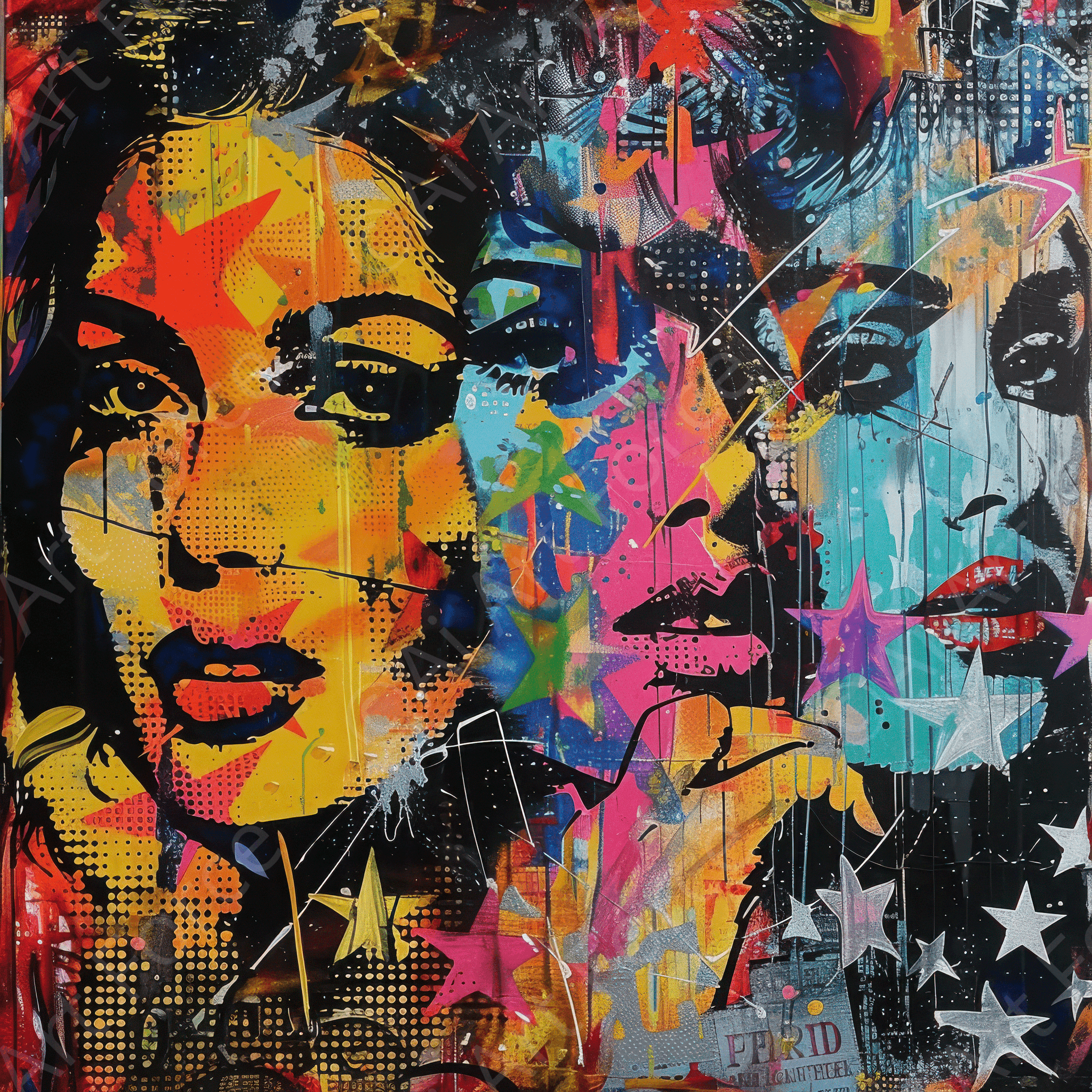 Digital Ai Artwork, of Bollywood vs hollywood popart abstract art style, ideal for art enthusiasts and collectors.