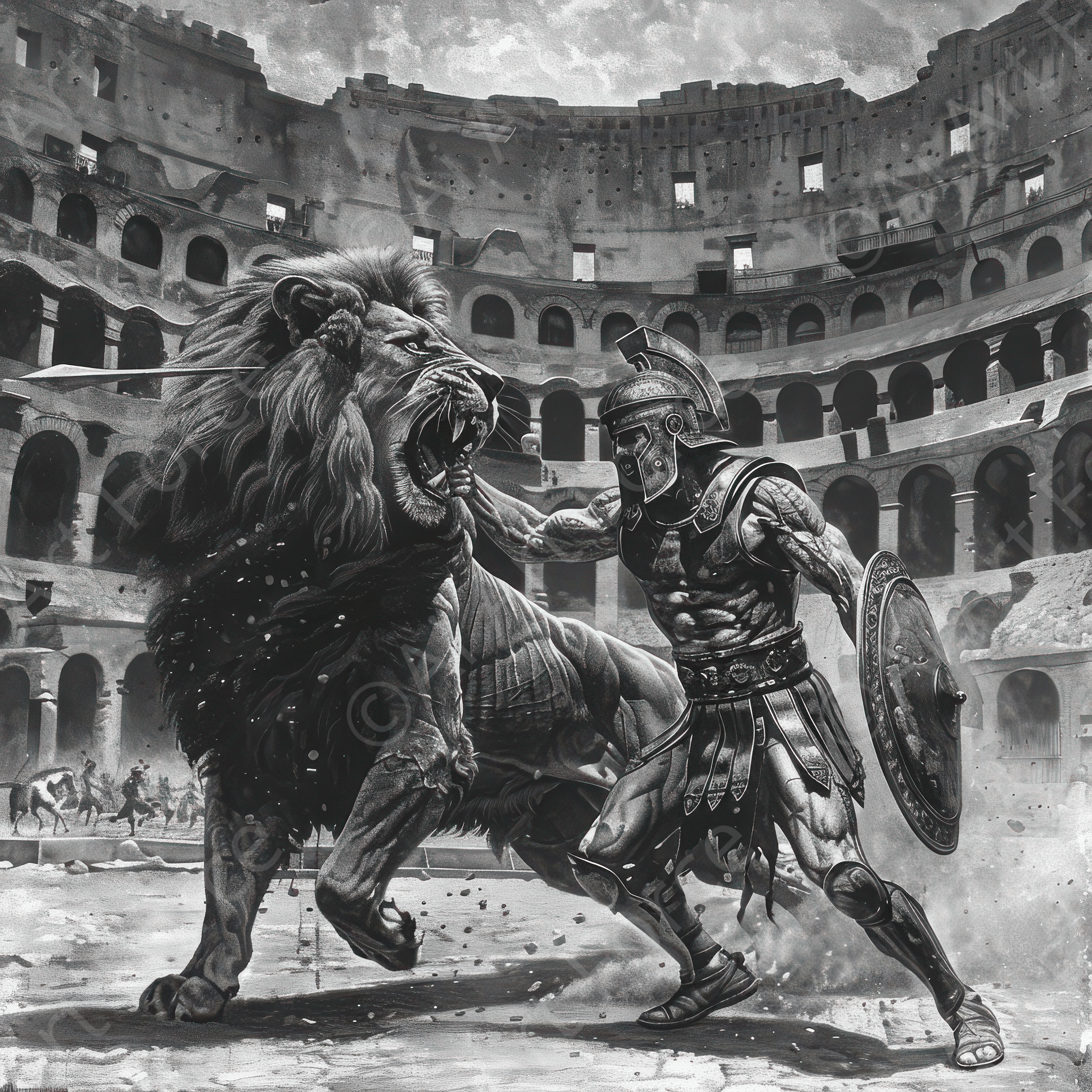 Digital Ai Artwork, of Colosseum Battle between gladiators and lions 2, ideal for art enthusiasts and collectors.
