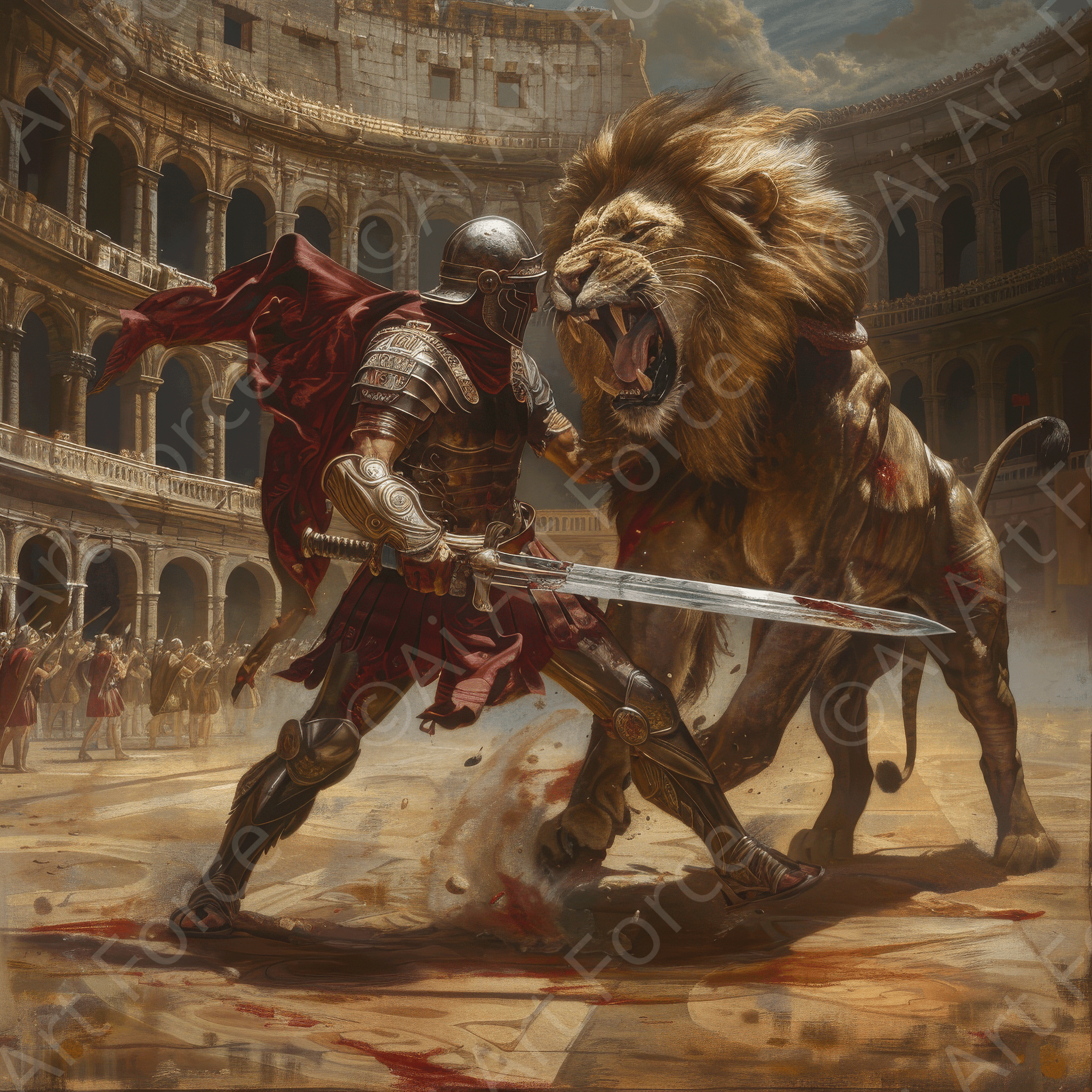 Digital Ai Artwork, of Colosseum Battle between gladiators and lions 6, ideal for art enthusiasts and collectors.