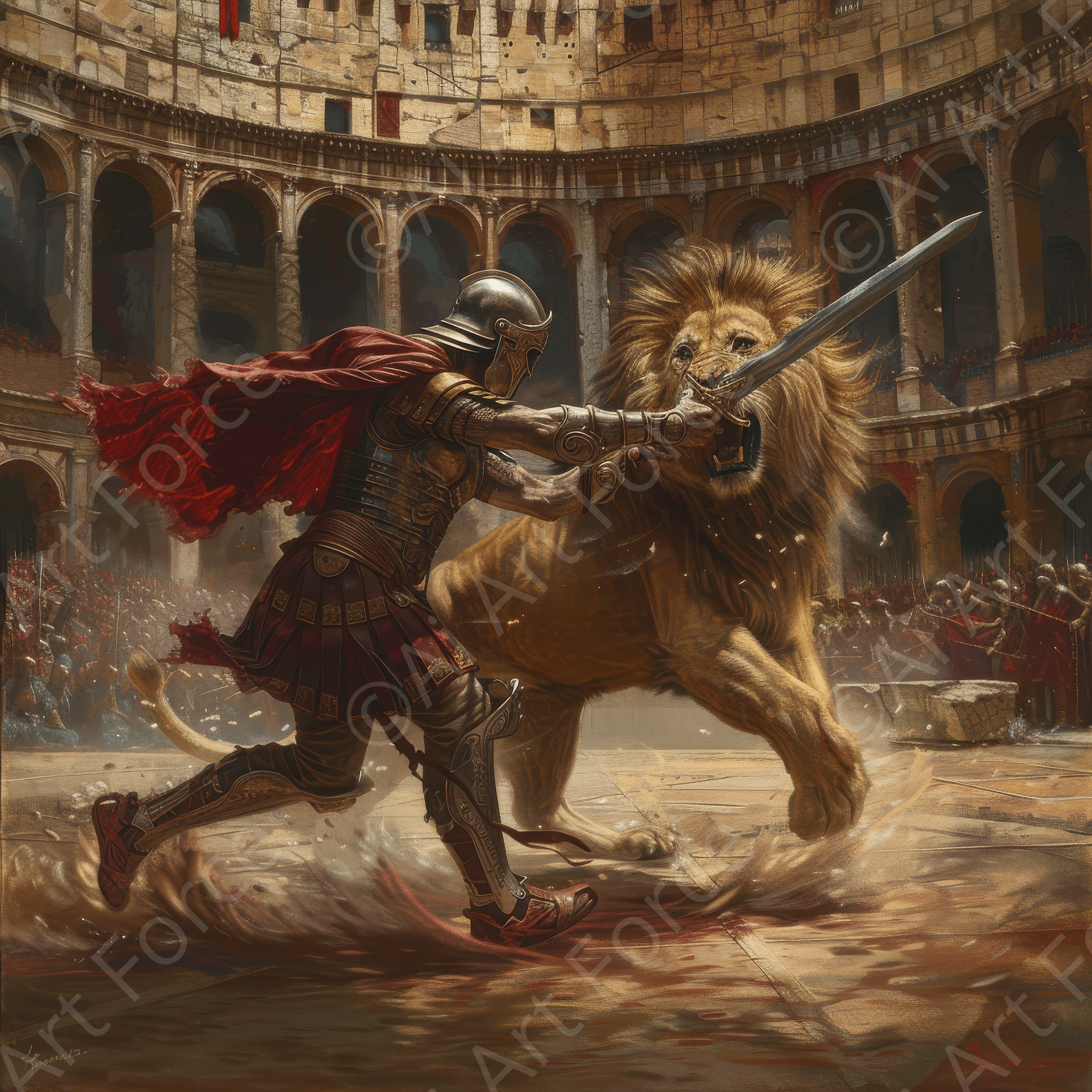 Digital Ai Artwork, of Colosseum Battle between gladiators and lions 9, ideal for art enthusiasts and collectors.