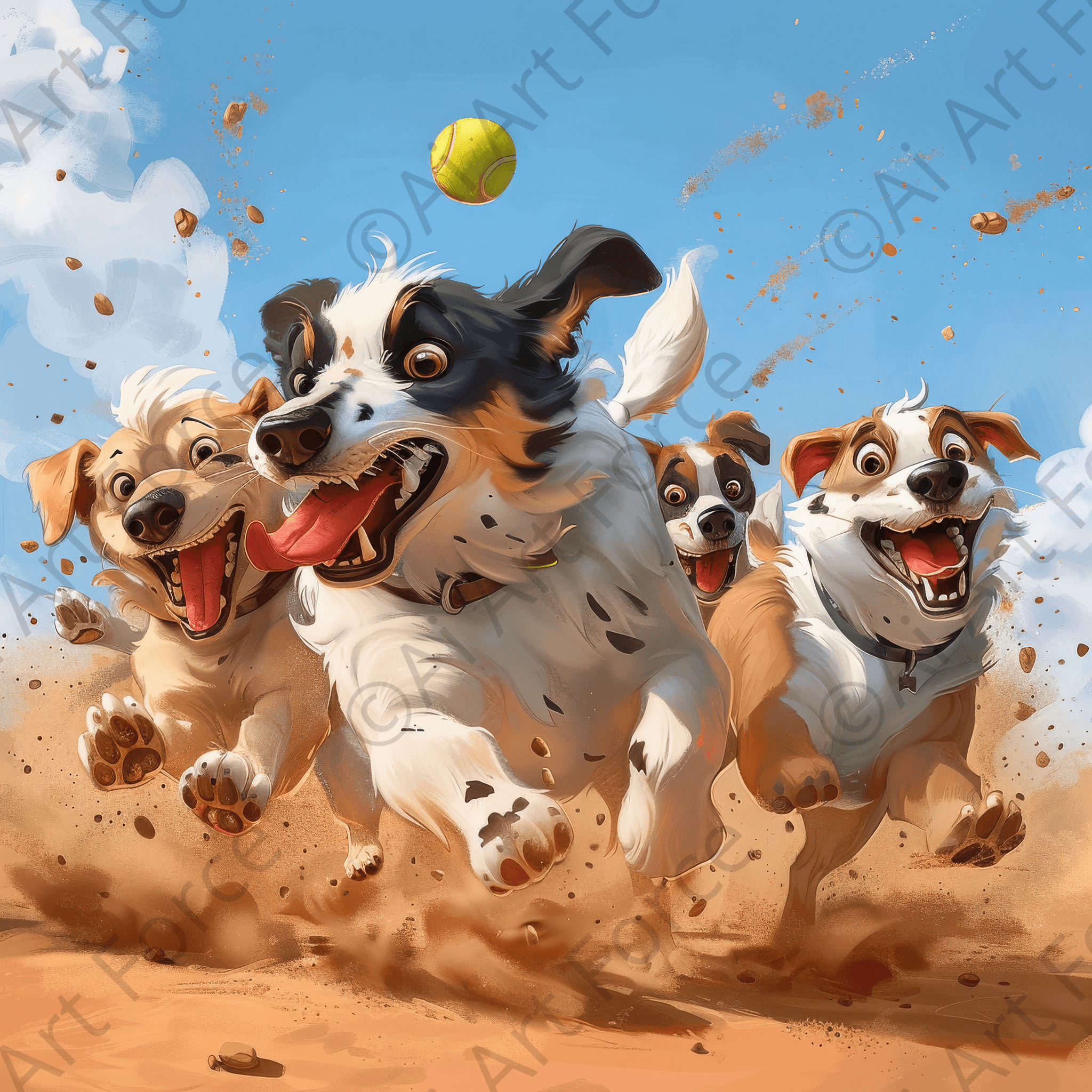 Digital Ai Artwork, of Dogs play tennis and having fun, ideal for art enthusiasts and collectors.