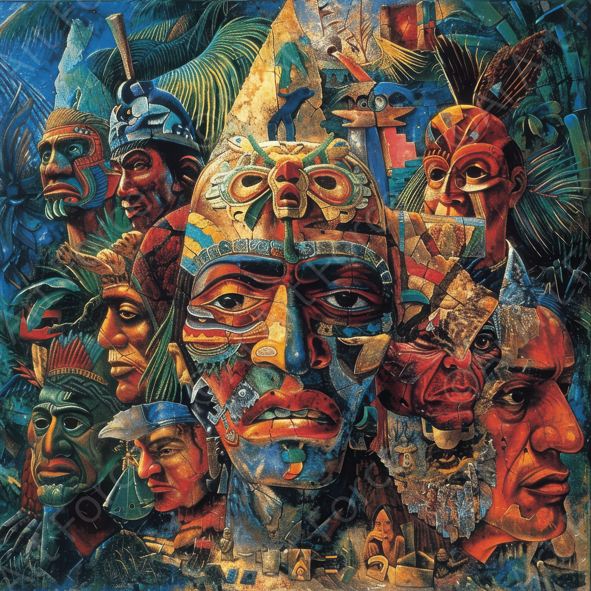 Digital Ai Artwork, of Expressionism art style Mayans ancestors 2, ideal for art enthusiasts and collectors.