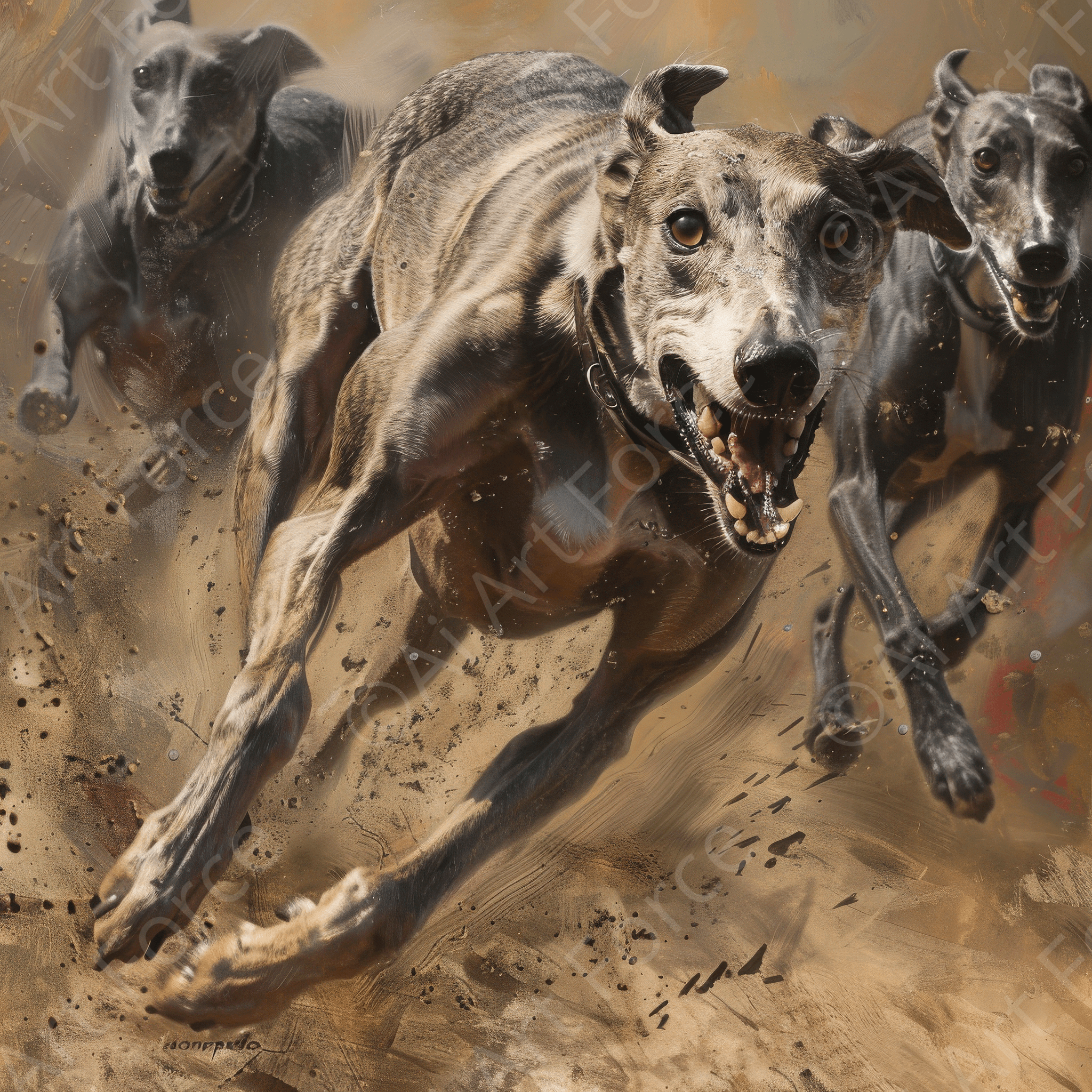 Digital Ai Artwork, of Grey Hound Racing fastest dogs in the world, ideal for art enthusiasts and collectors.