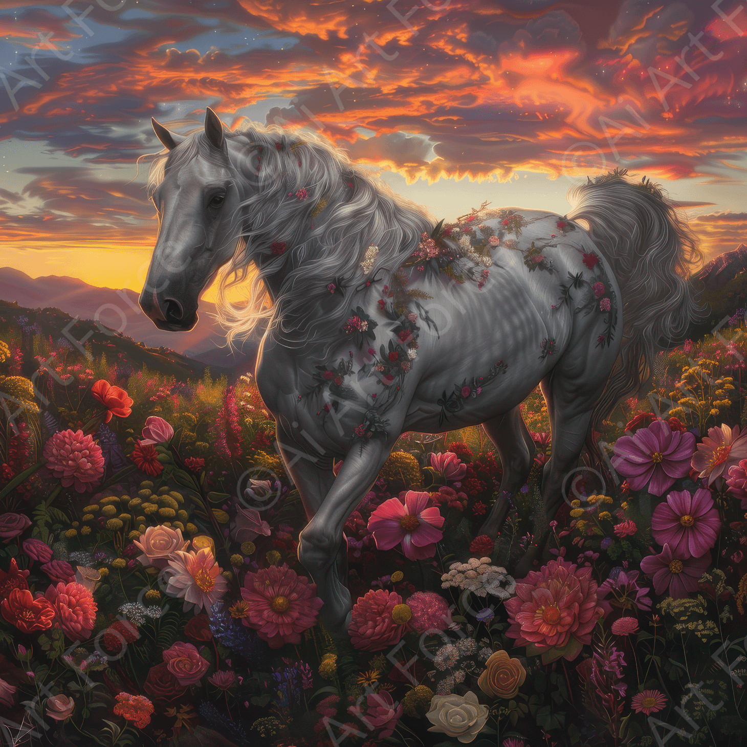 Digital Ai Artwork, of Horse And Flowers 1, ideal for art enthusiasts and collectors.