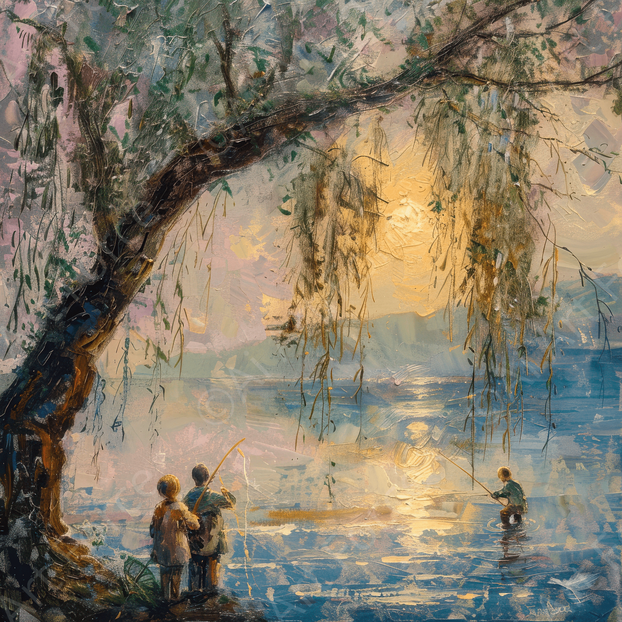 Digital Ai Artwork, of Impressionism Children fishing at a beautiful lake with Willow tree 11, ideal for art enthusiasts and collectors.