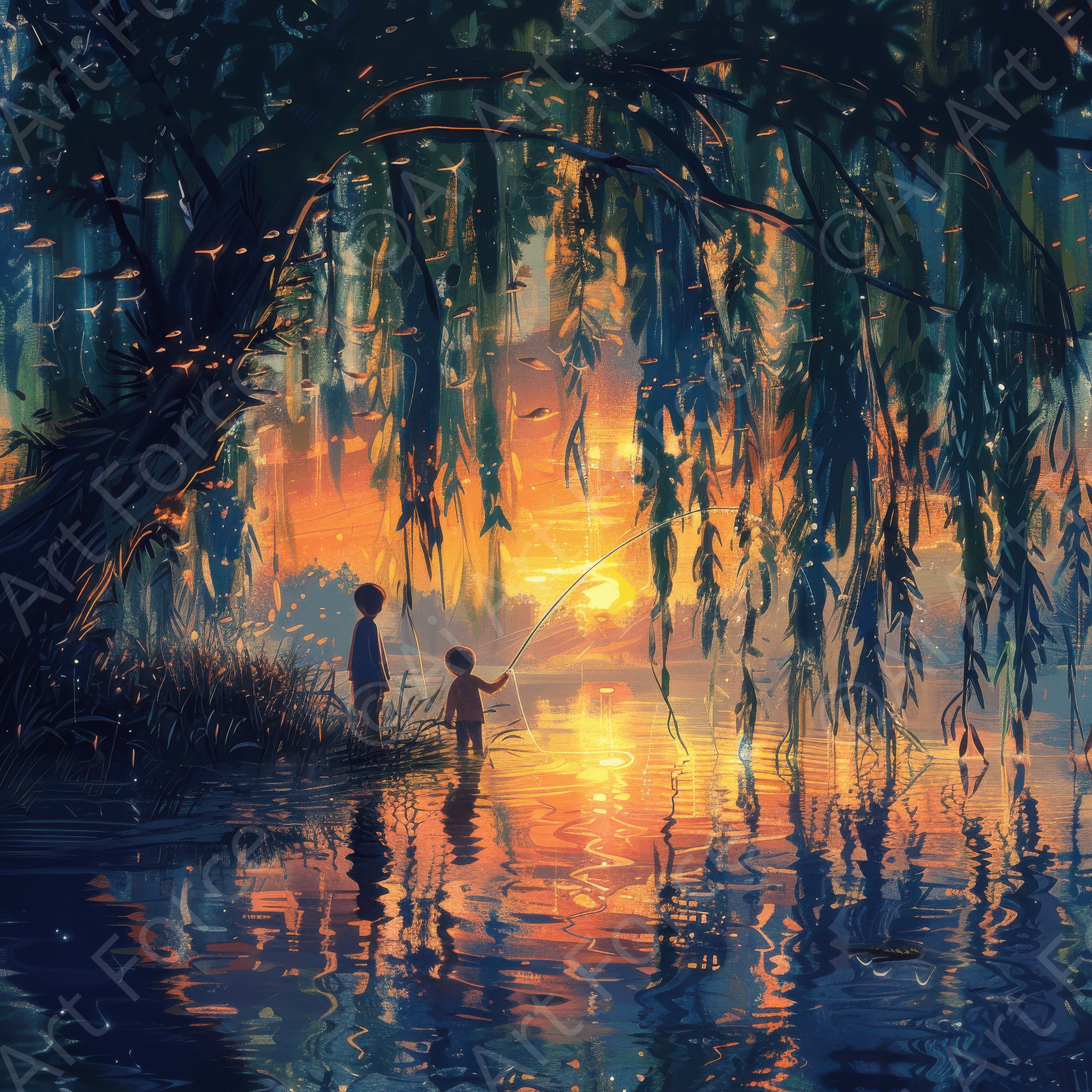 Digital Ai Artwork, of Impressionism Children fishing at a beautiful lake with Willow tree 12, ideal for art enthusiasts and collectors.