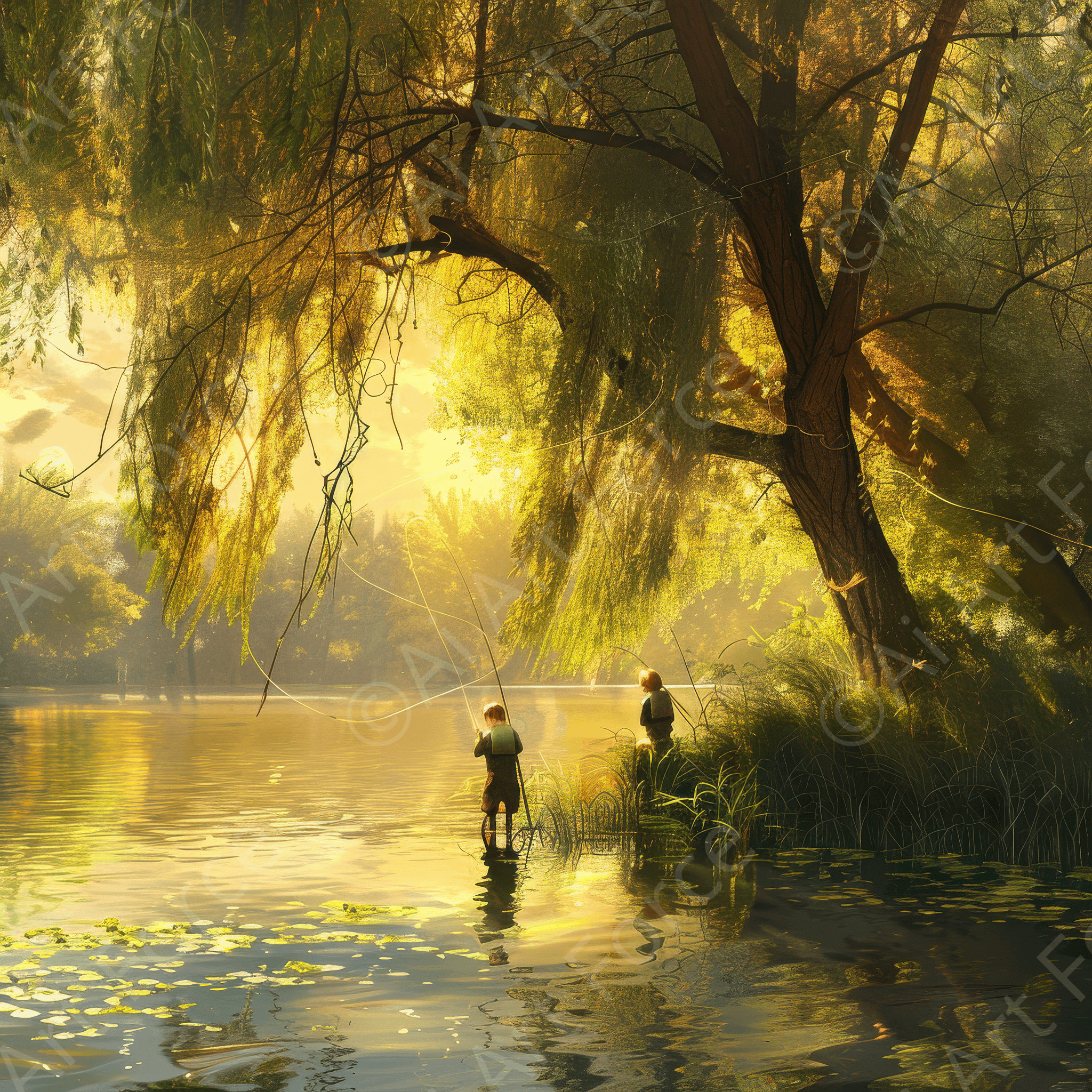 Digital Ai Artwork, of Impressionism Children fishing at a beautiful lake with Willow tree 3, ideal for art enthusiasts and collectors.