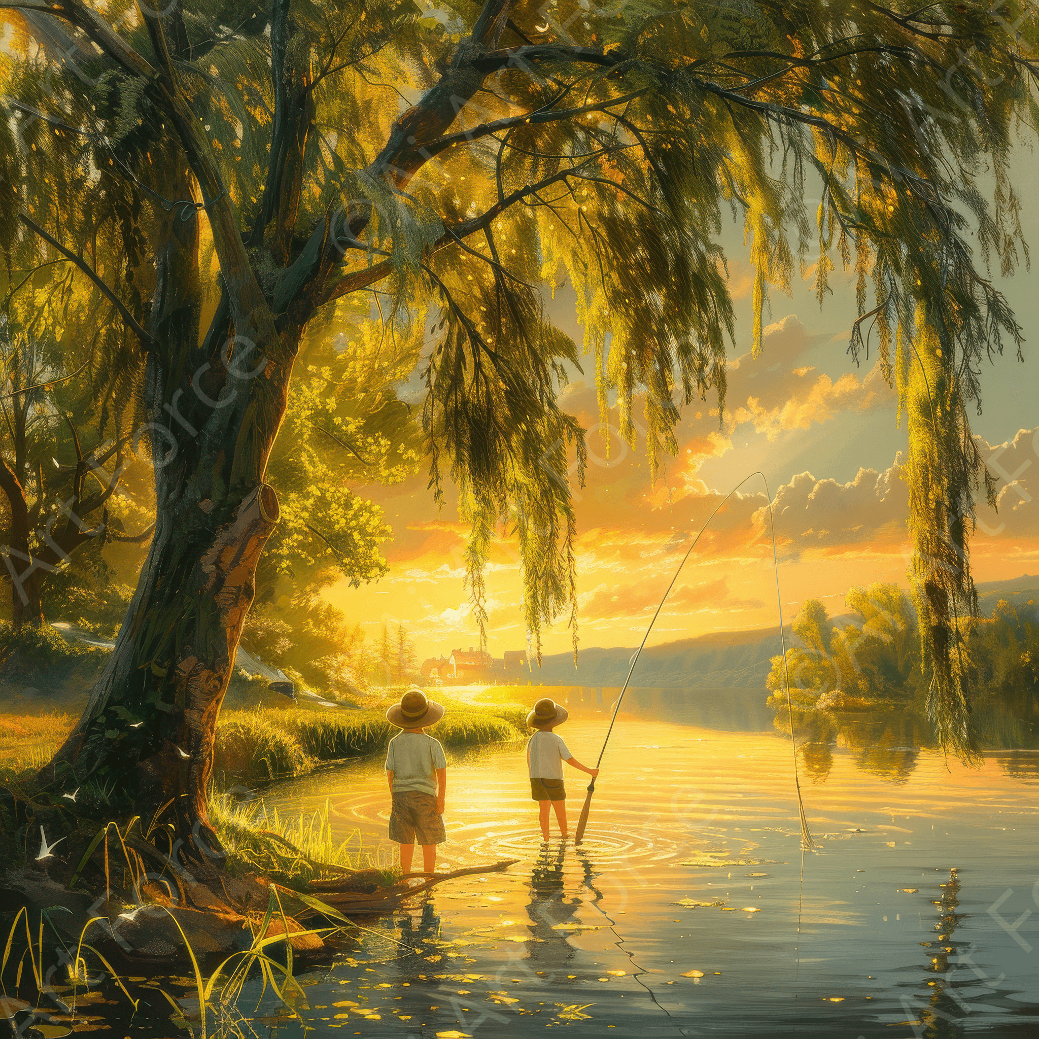 Digital Ai Artwork, of Impressionism Children fishing at a beautiful lake with Willow tree 8, ideal for art enthusiasts and collectors.