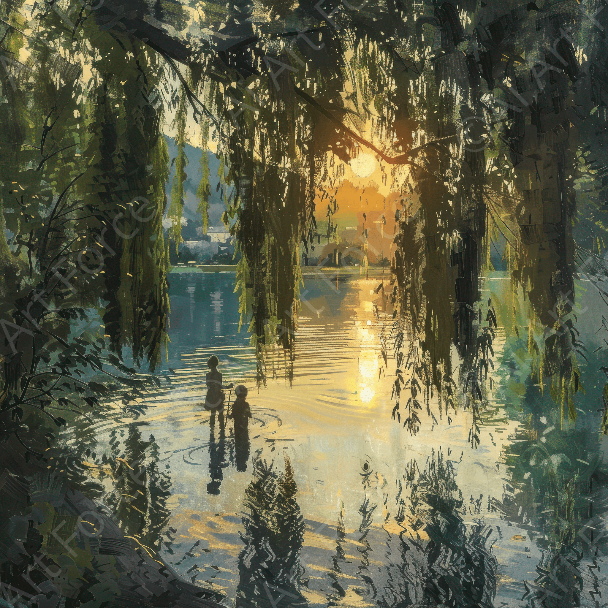 Digital Ai Artwork, of Impressionism Children playing at a beautiful lake with Willow tree 1, ideal for art enthusiasts and collectors.