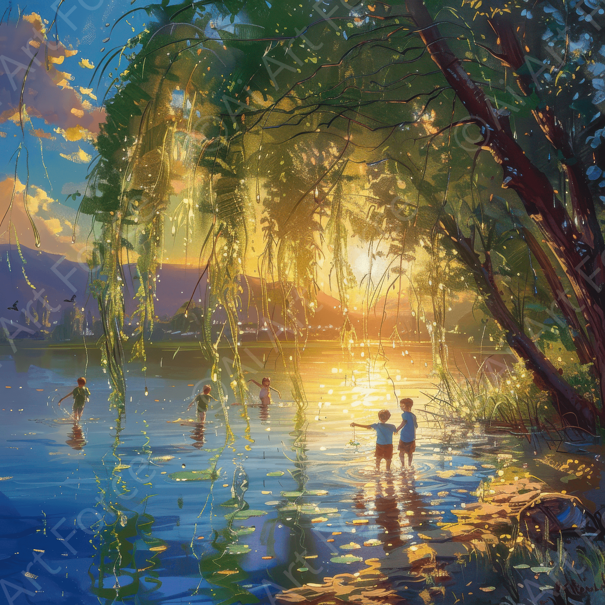 Digital Ai Artwork, of Impressionism Children playing at a beautiful lake with Willow tree 2, ideal for art enthusiasts and collectors.