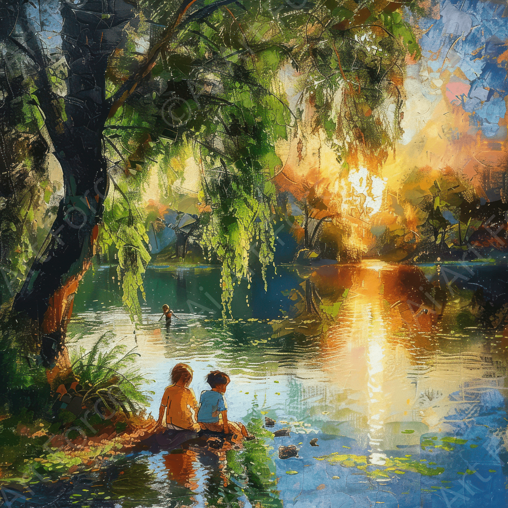 Digital Ai Artwork, of Impressionism Children playing at a beautiful lake with Willow tree 3, ideal for art enthusiasts and collectors.