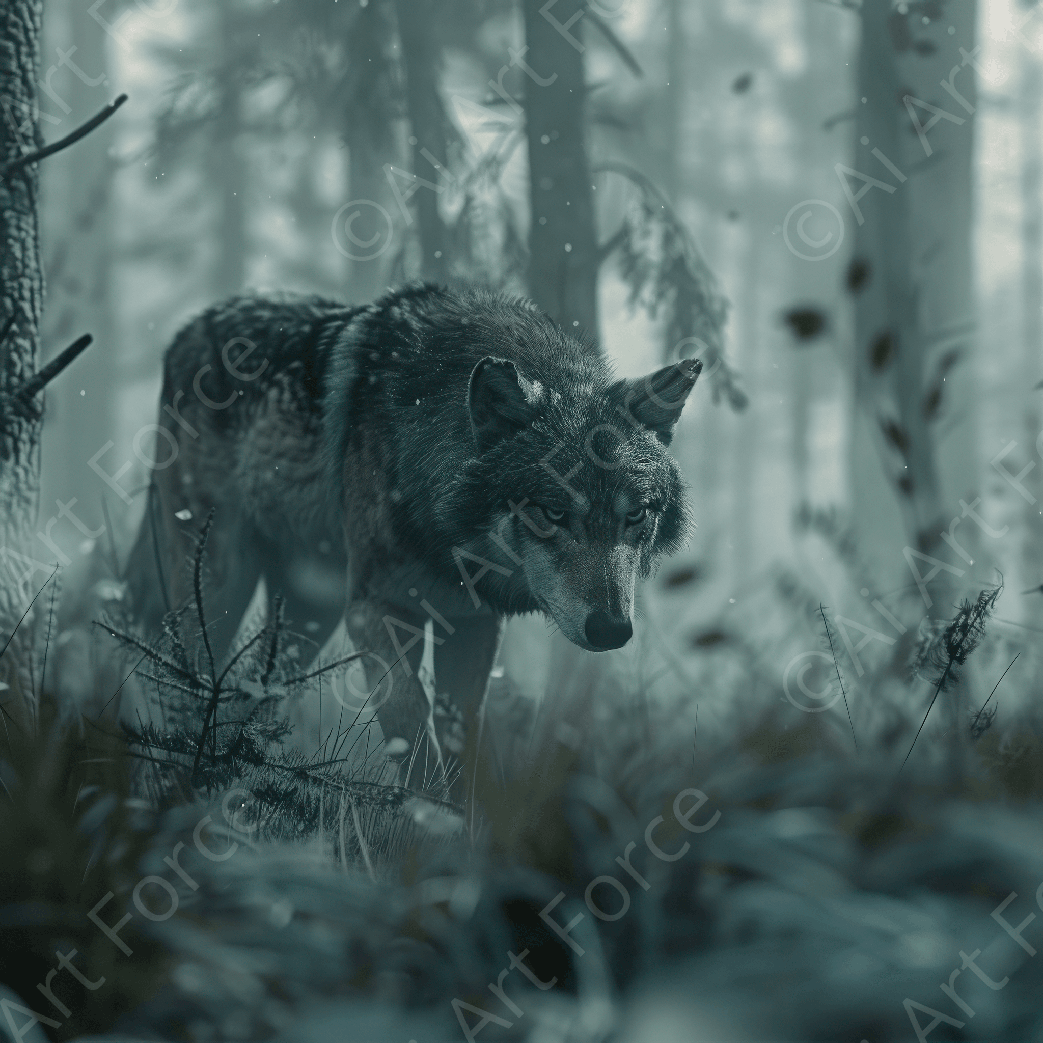 Digital Ai Artwork, of Lonely Wulf in the cold Night, ideal for art enthusiasts and collectors.