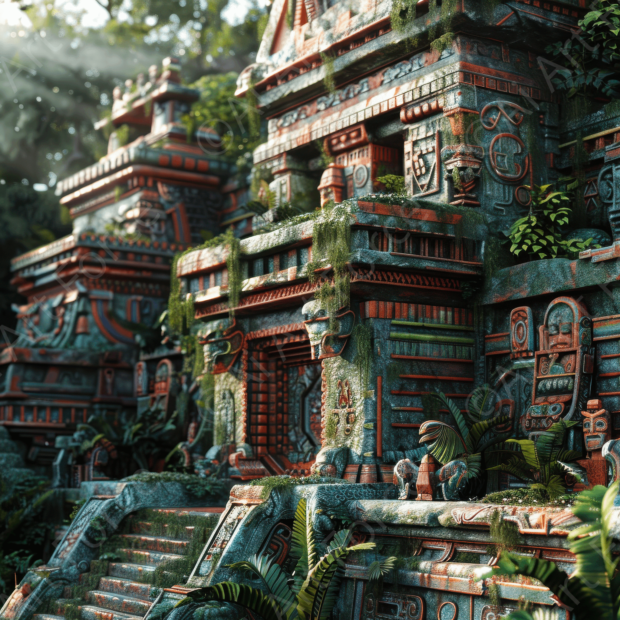 Mayan historical site artwork depicting ancient temple ruins - high-quality digital AI art for collectors and history enthusiasts