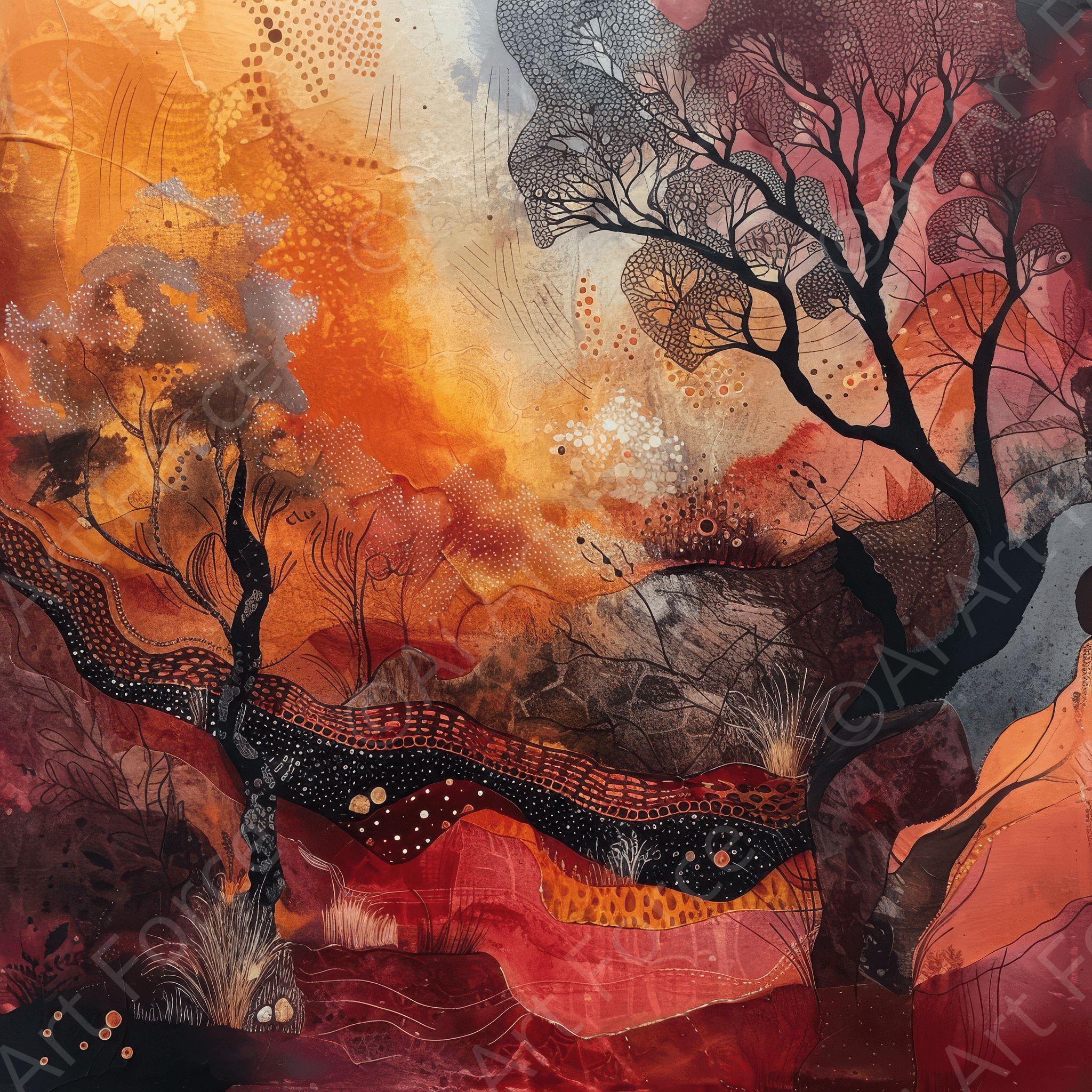 Digital Ai Artwork, of Old culture of Australia in abstract style, ideal for art enthusiasts and collectors.