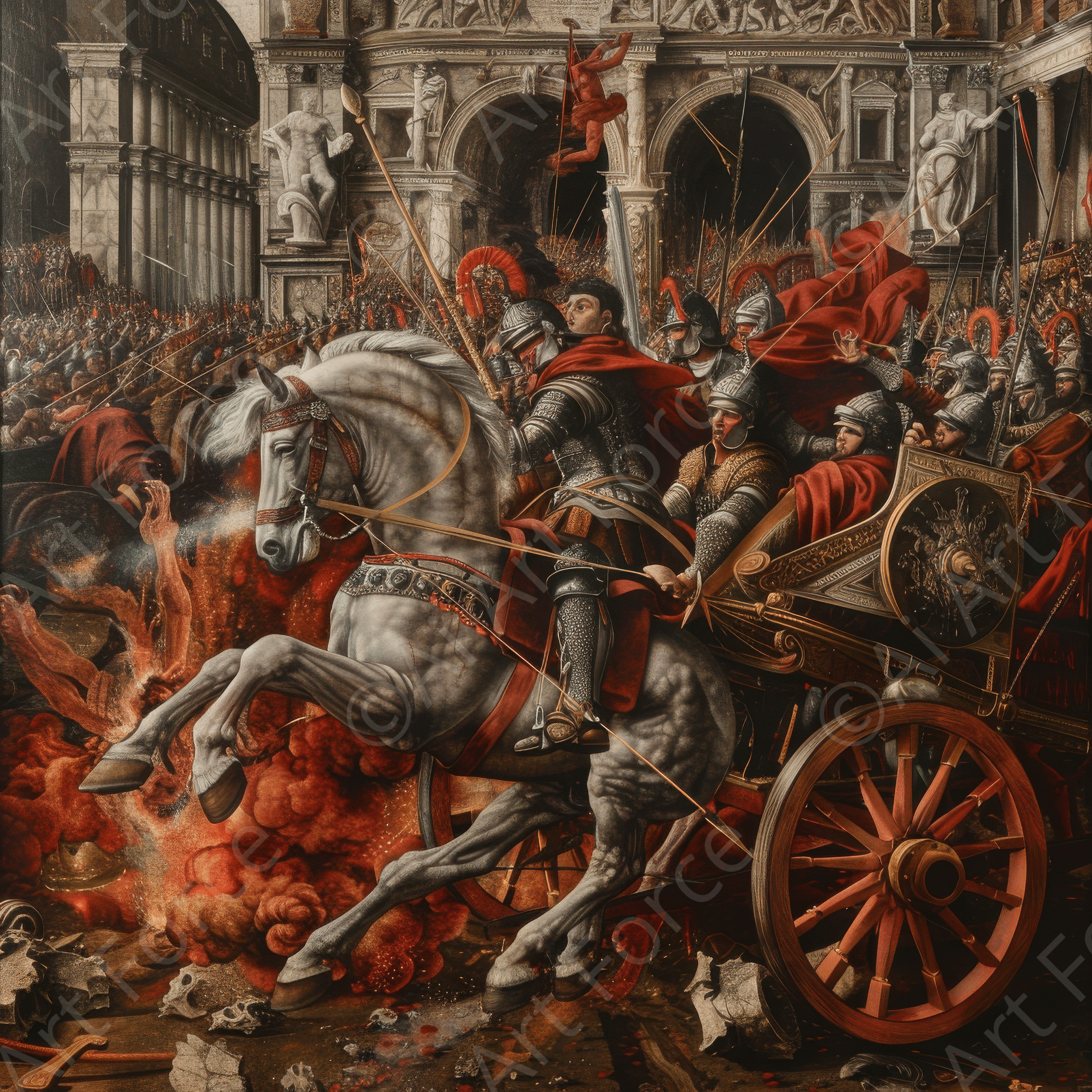 Digital Ai Artwork, of Roman chariot in a fight 1, ideal for art enthusiasts and collectors.