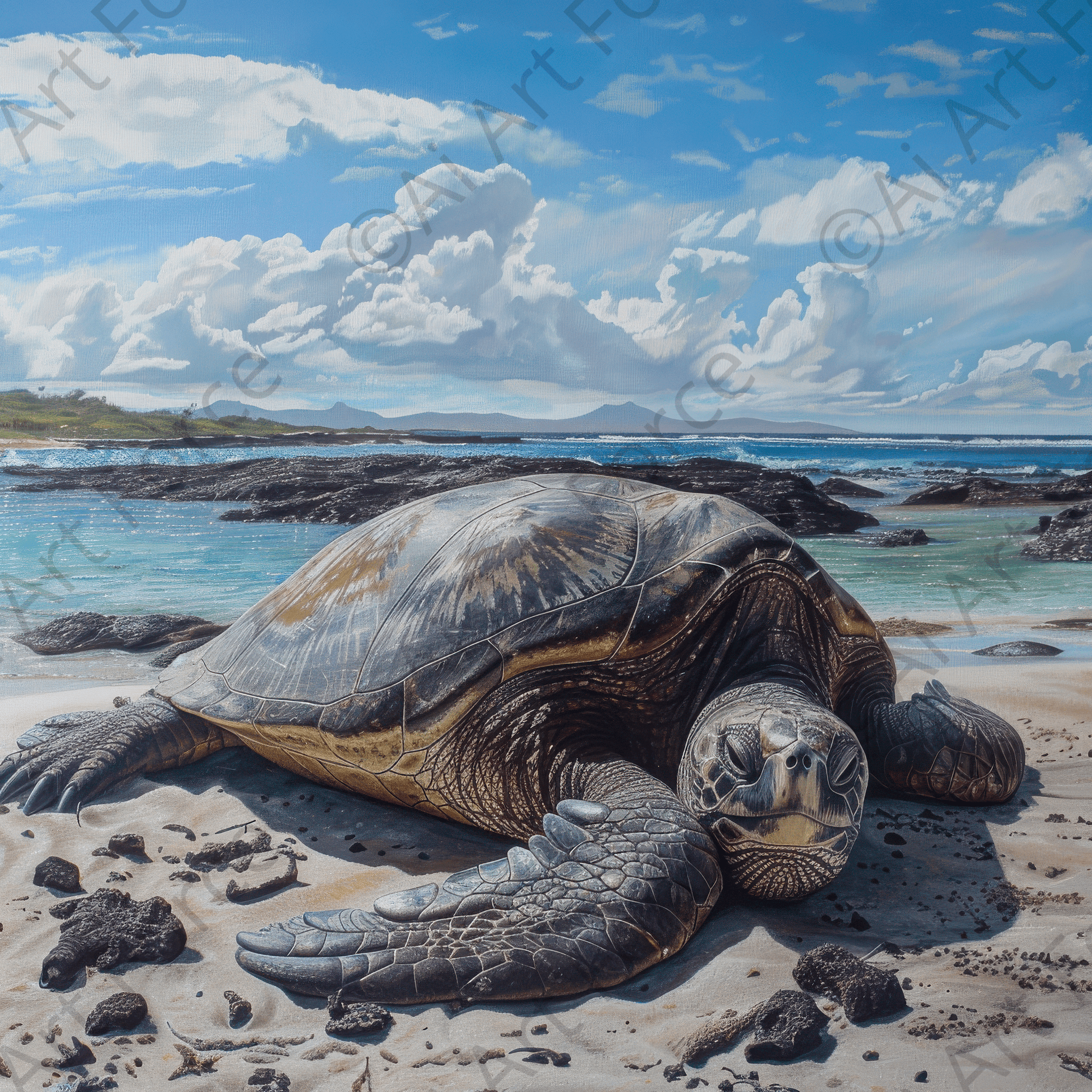 Digital Ai Artwork, of Rough Nature Galapagos Sea Turtle, ideal for art enthusiasts and collectors.