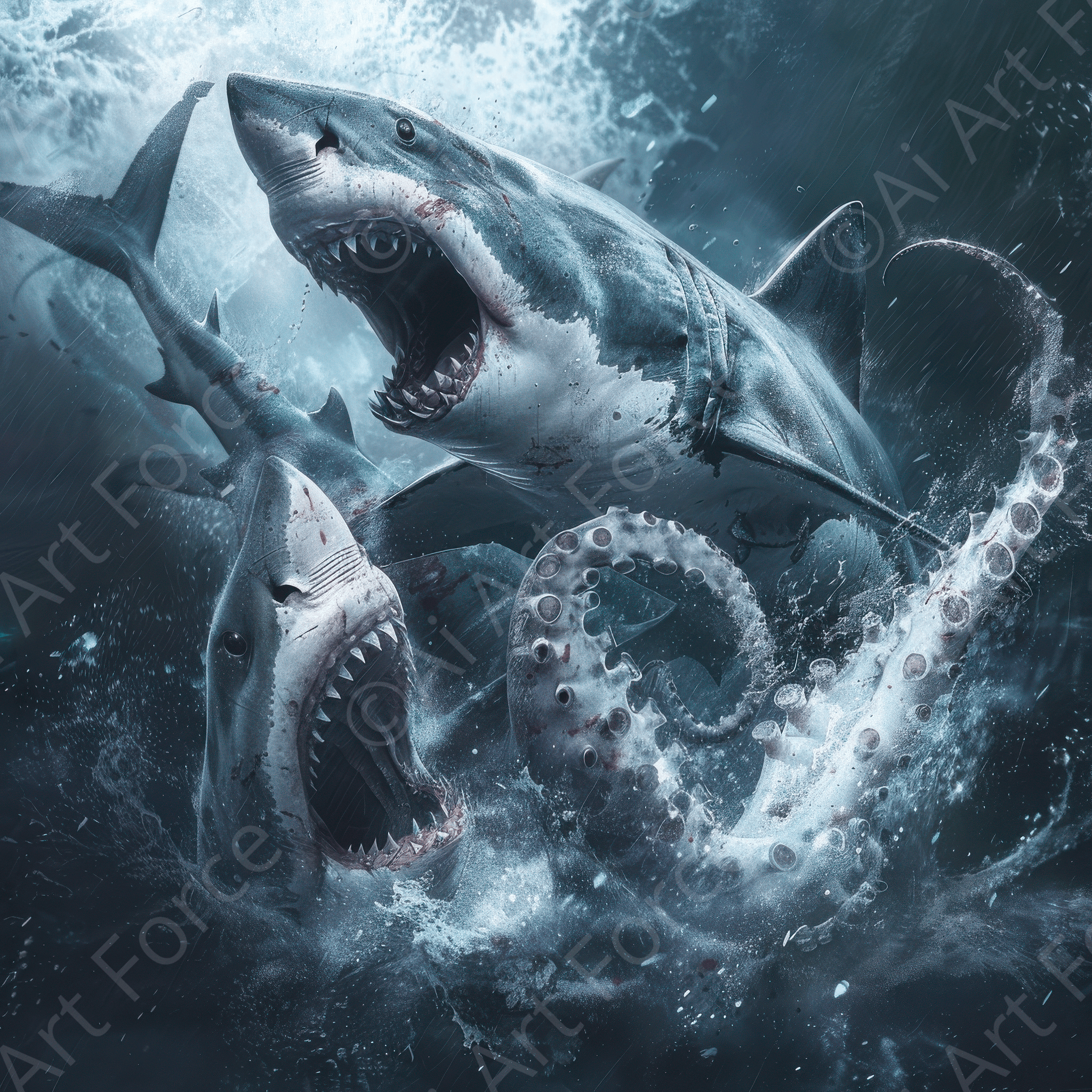Digital Ai Artwork, of Rough Nature White Shark vs Giant Squid, ideal for art enthusiasts and collectors.