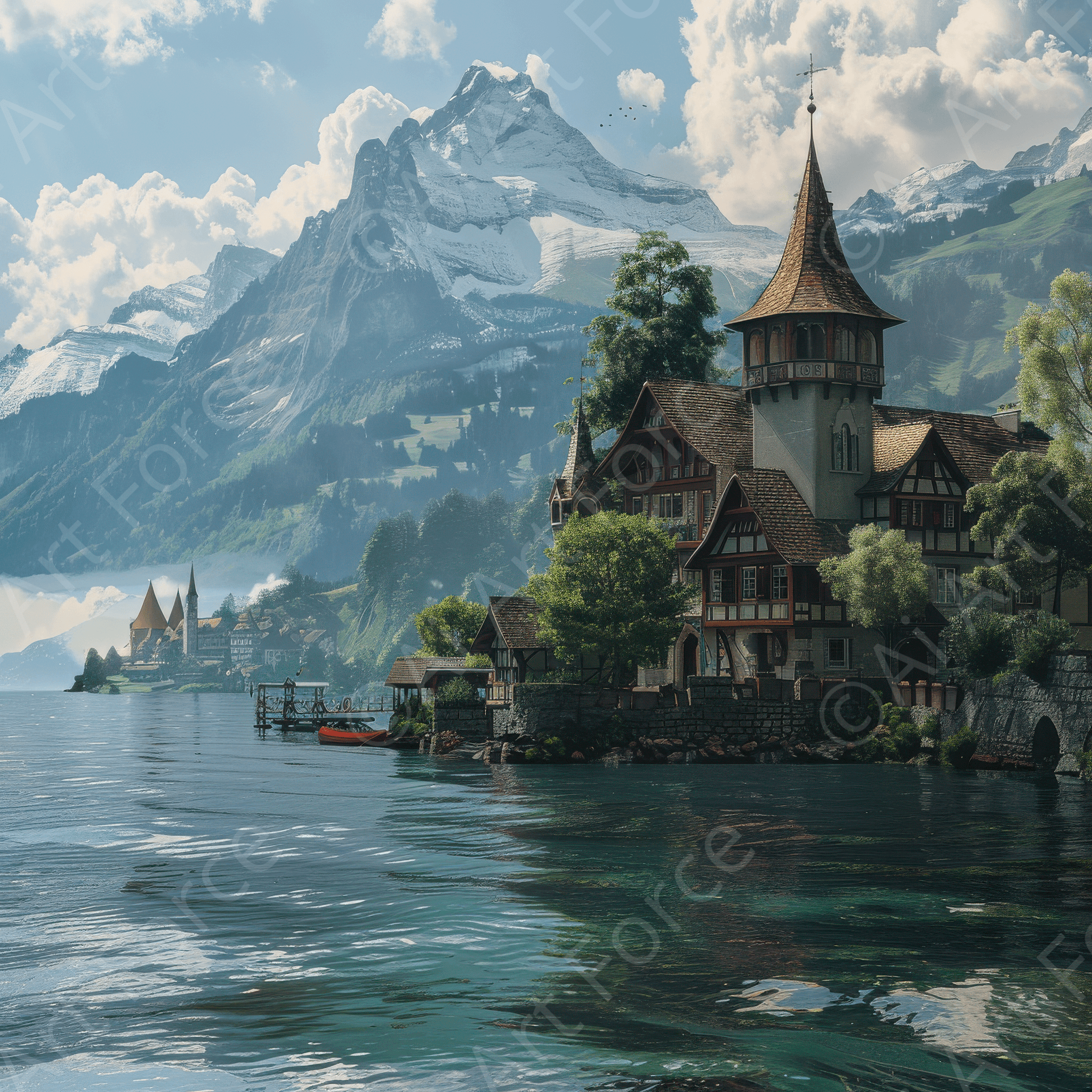 Digital Ai Artwork, of Swiss alps Historical site, ideal for art enthusiasts and collectors.