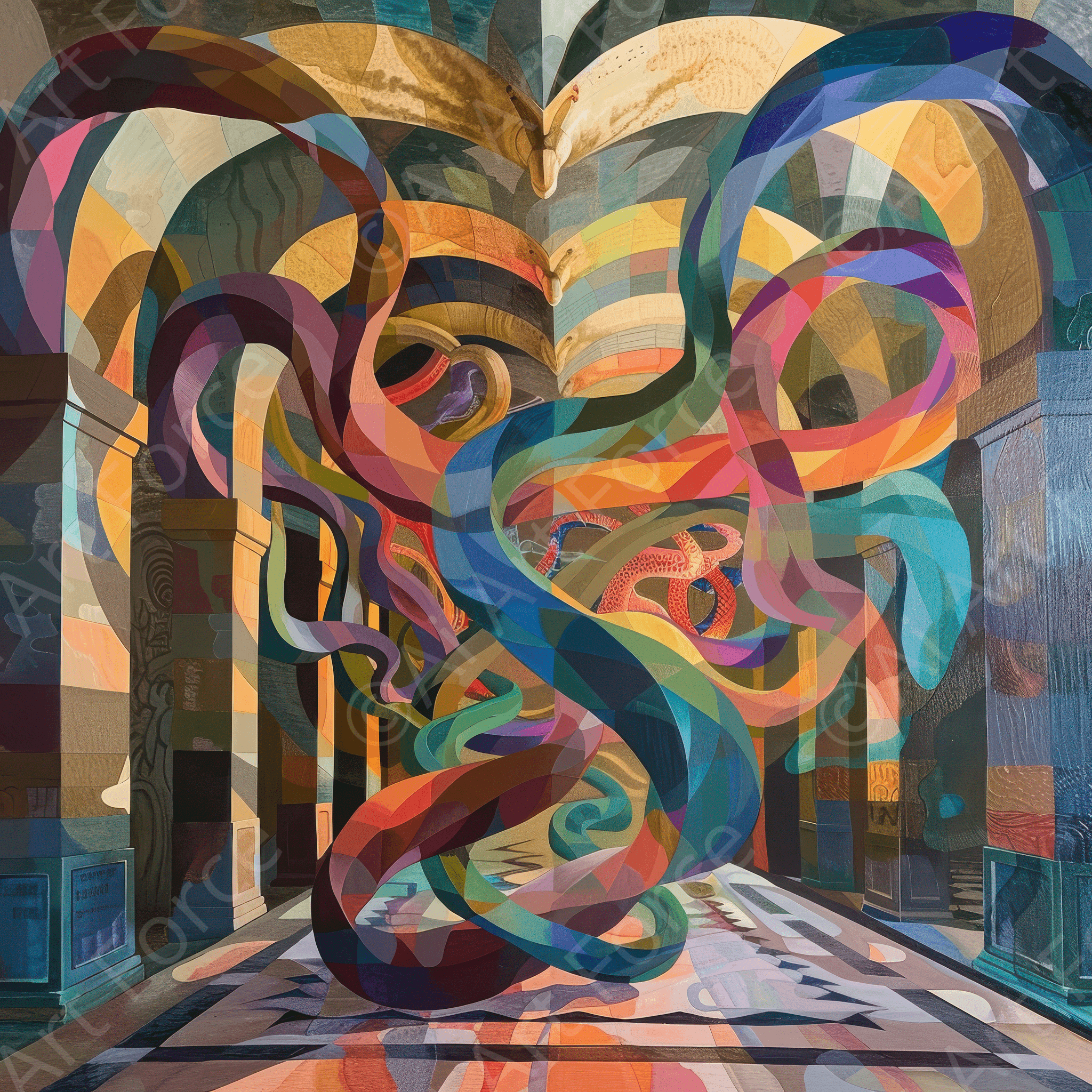 Digital Ai Artwork, of The Hall of Serpentine Whispers abstract art style, ideal for art enthusiasts and collectors.
