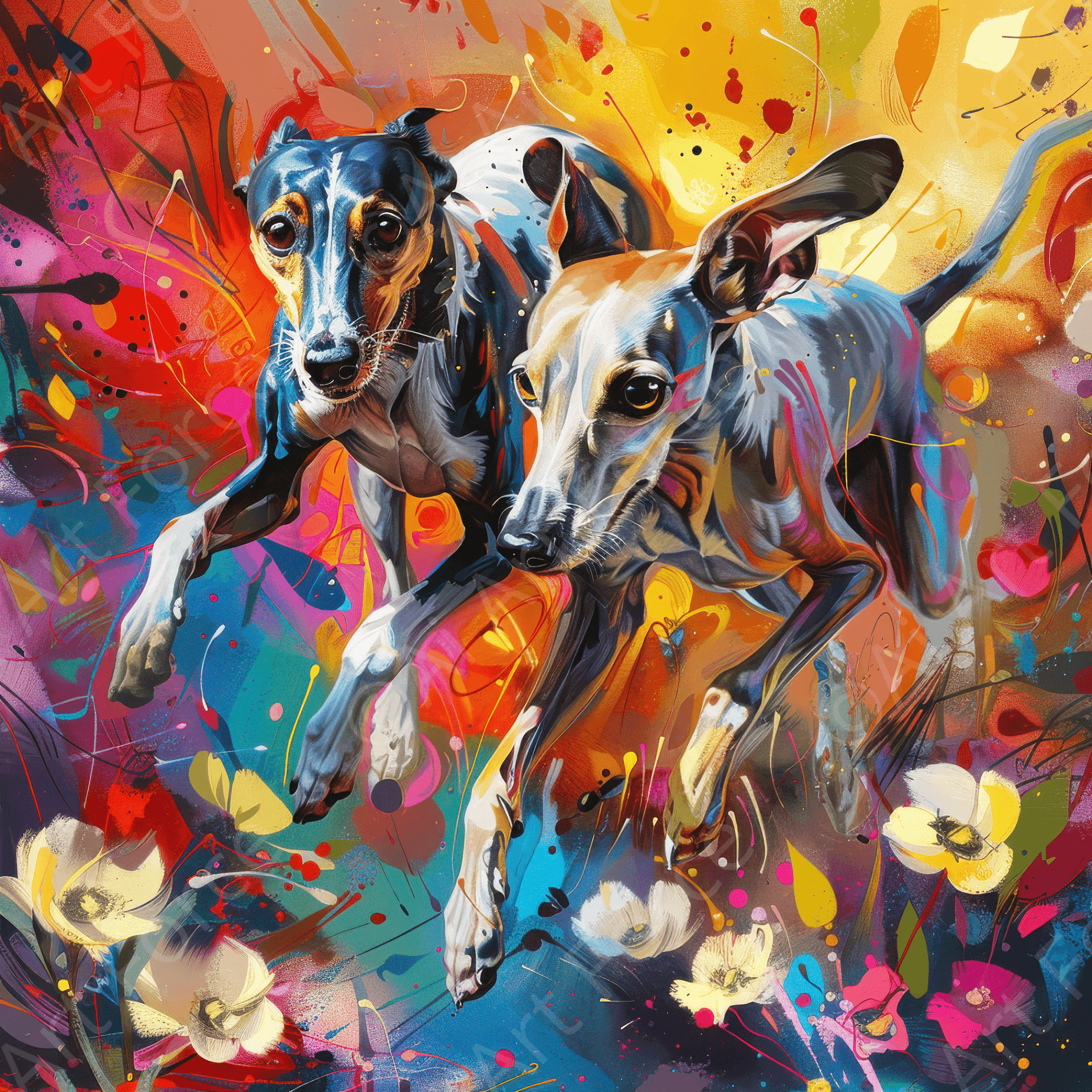 Digital Ai Artwork, of Whippets love playing 3, ideal for art enthusiasts and collectors.