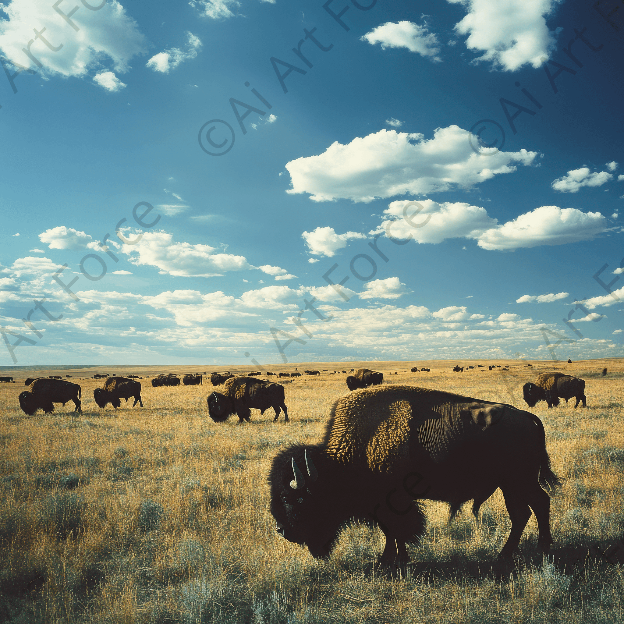 Digital Ai Artwork, of Bison Grazing on the Plains, ideal for art enthusiasts and collectors.