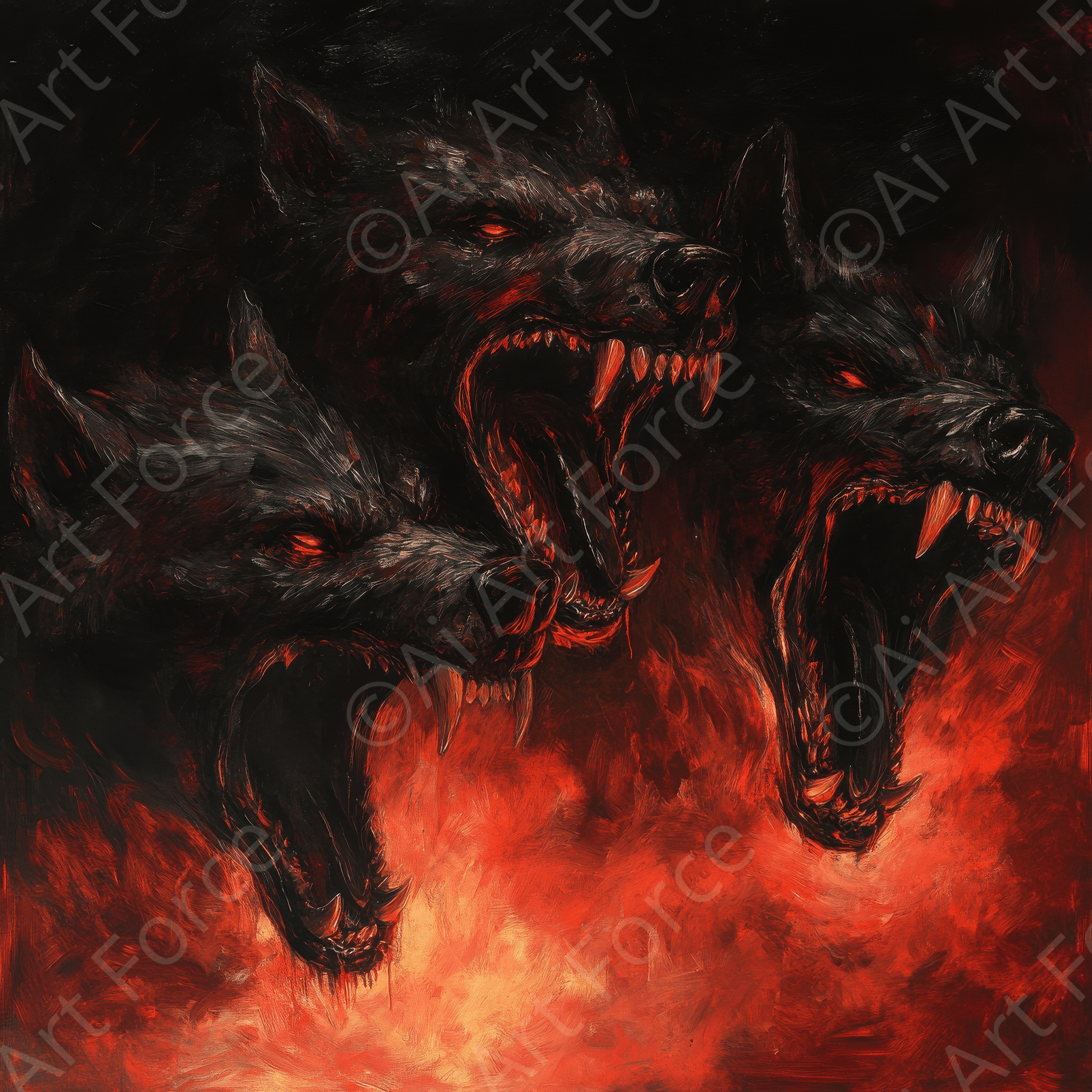 Digital Ai Artwork, of Cerberus Guarding the Underworld, ideal for art enthusiasts and collectors.
