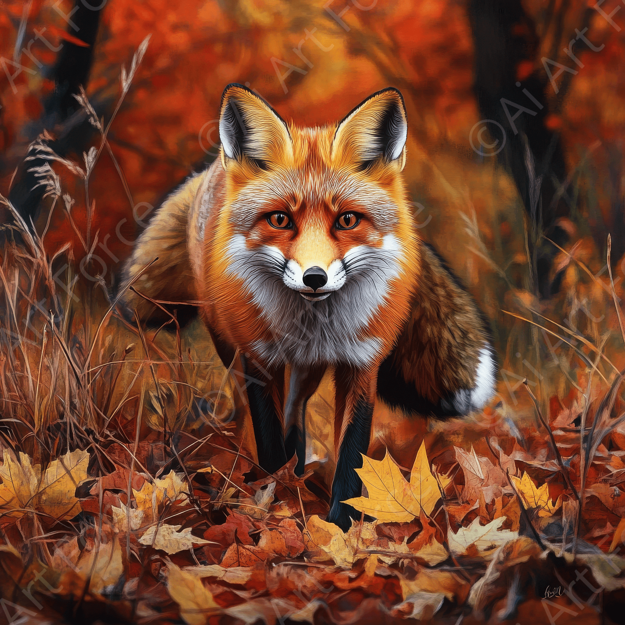 Digital Ai Artwork, of Curious Fox in an Autumn Forest, ideal for art enthusiasts and collectors.