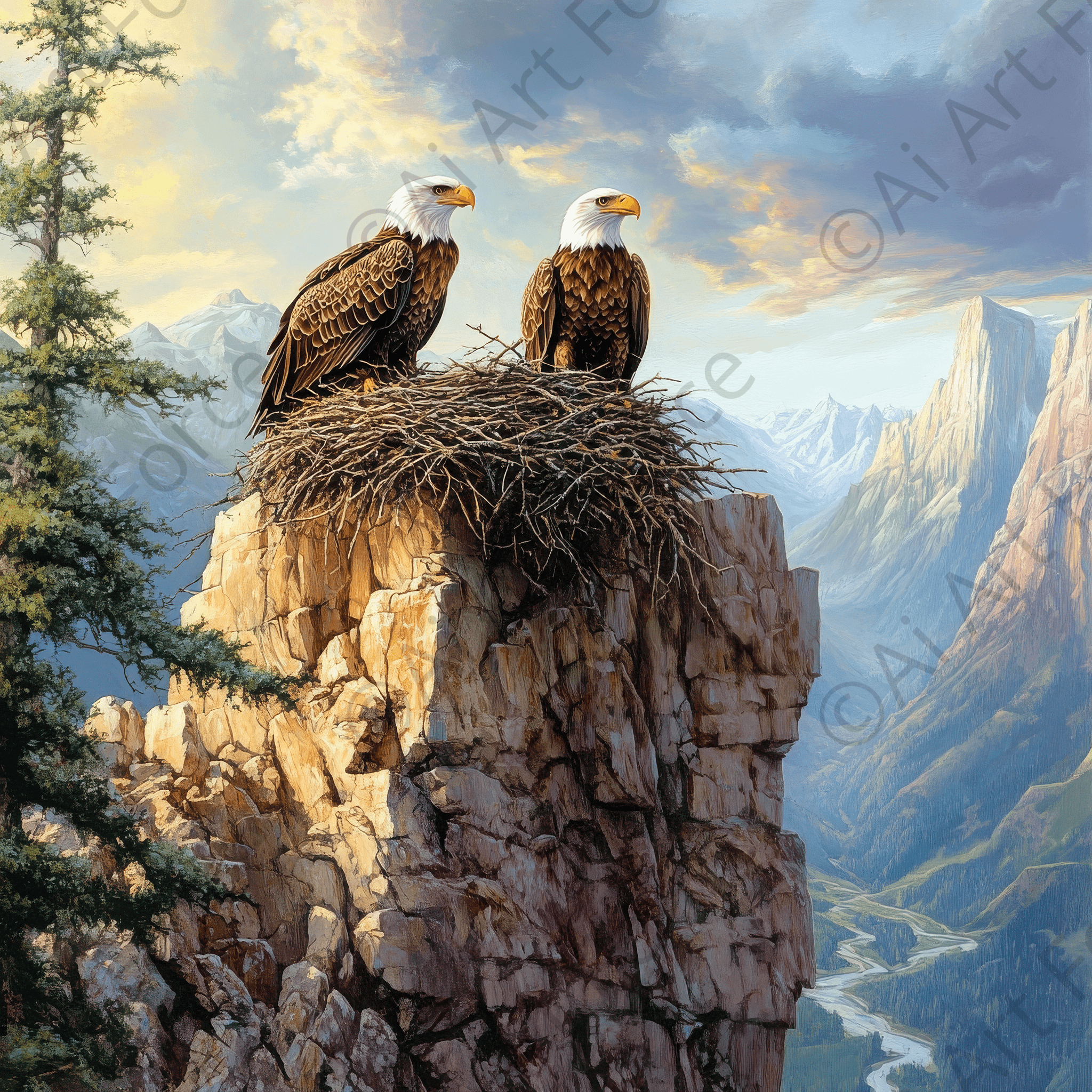 Digital Ai Artwork, of Eagles Nesting on a Mountain Ledge, ideal for art enthusiasts and collectors.