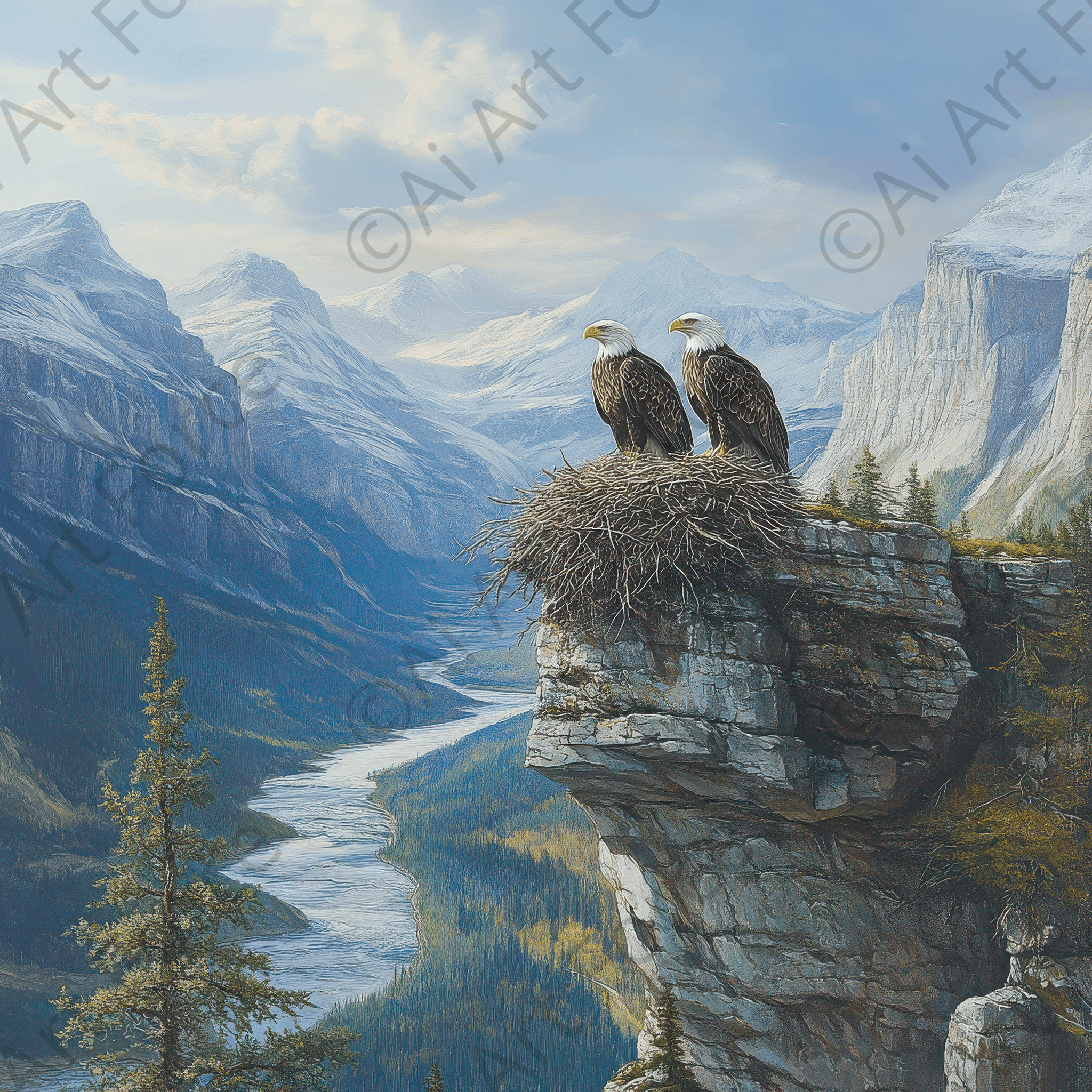 Digital Ai Artwork, of Eagles Nesting on a Mountain Ledge 2, ideal for art enthusiasts and collectors.