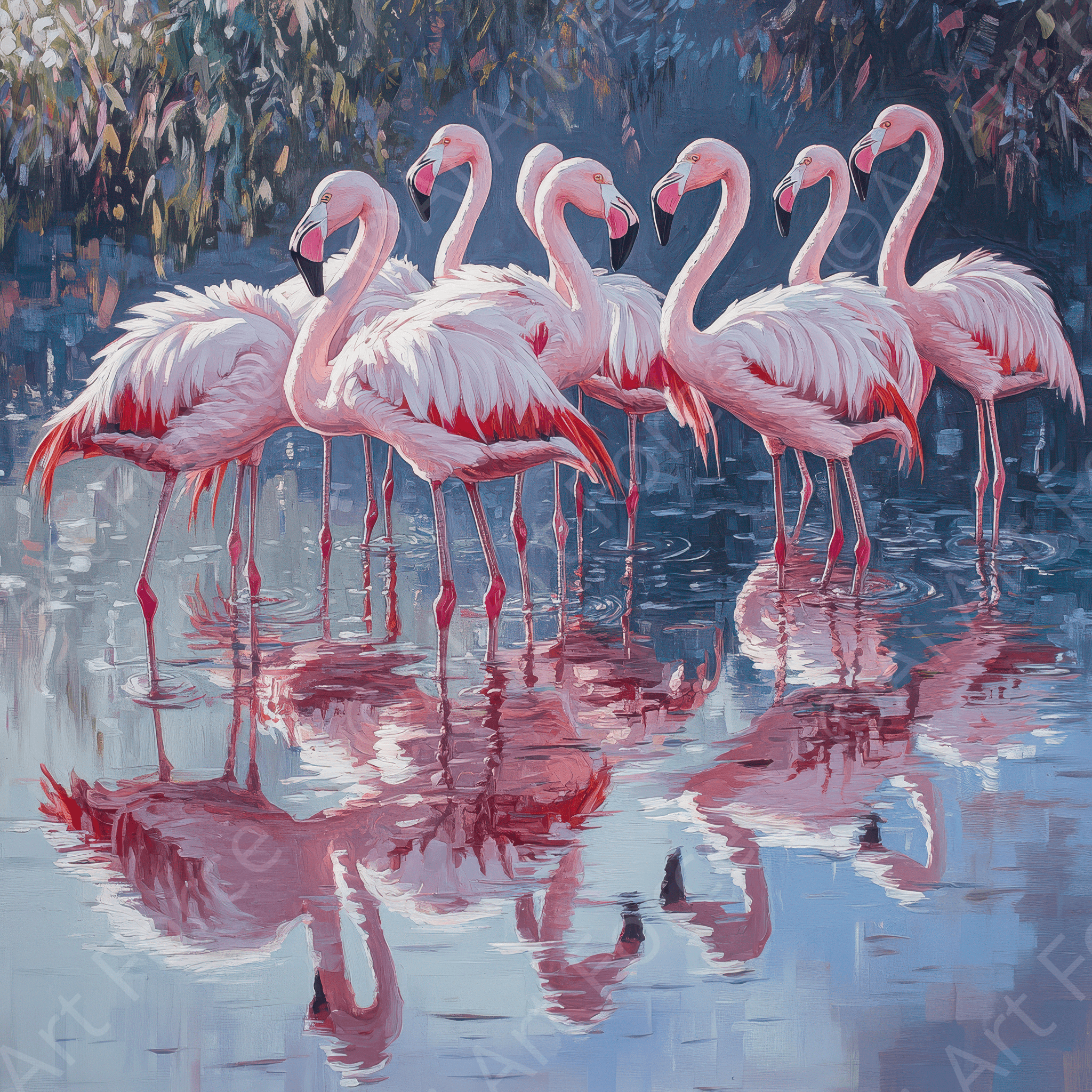 Digital Ai Artwork, of Flamingos Wading in Shallow Waters, ideal for art enthusiasts and collectors.