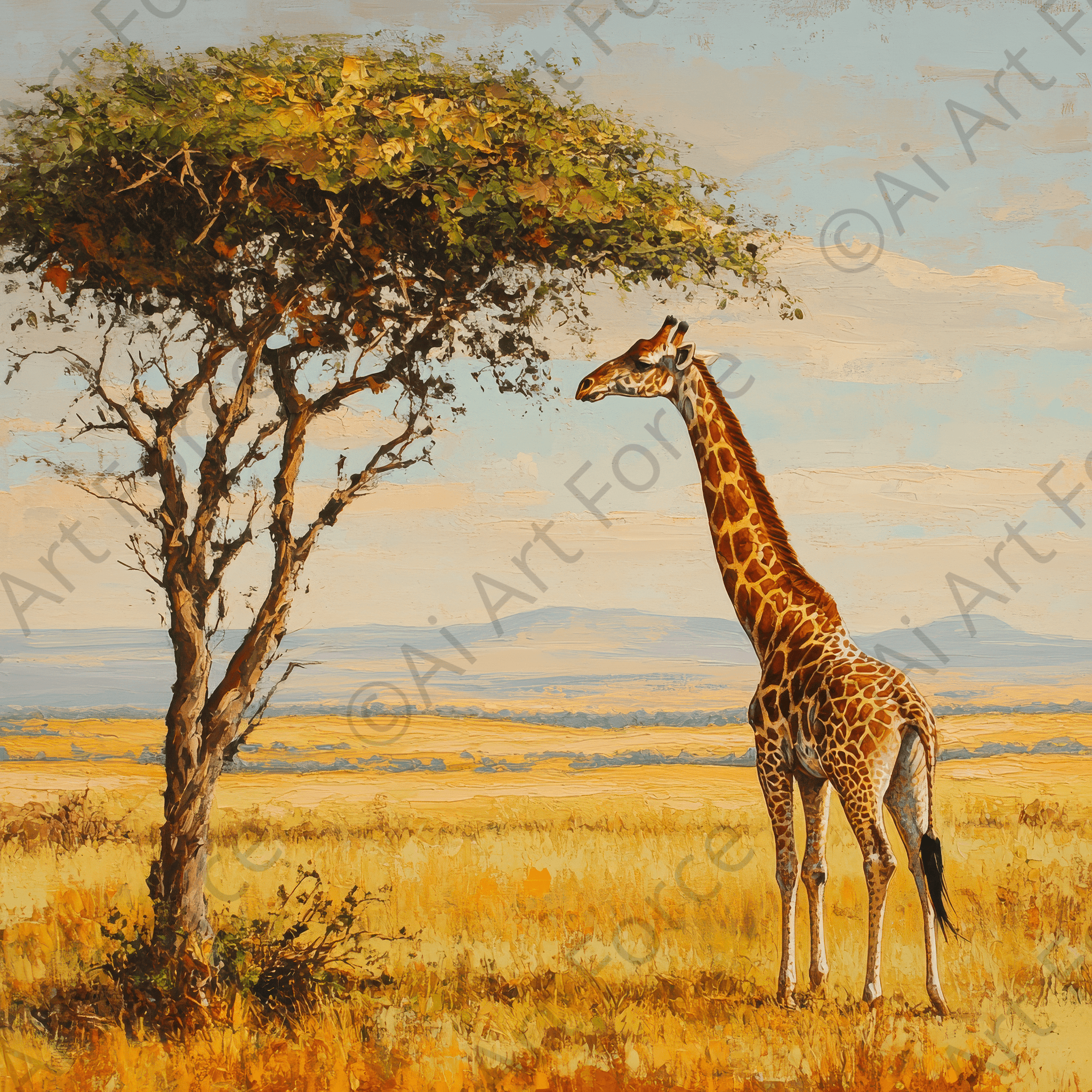 Digital Ai Artwork, of Giraffe Grazing in the Savannah, ideal for art enthusiasts and collectors.