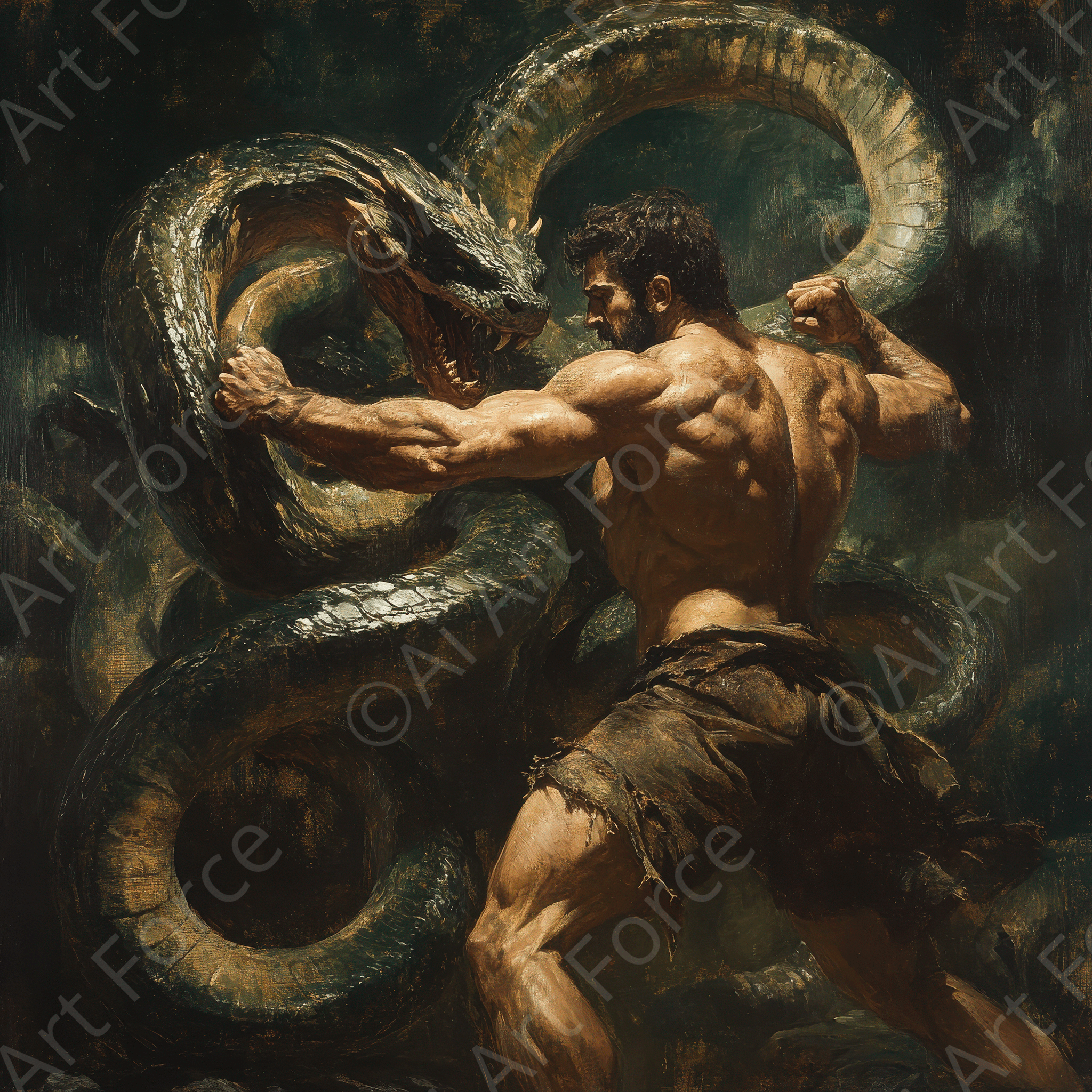 Digital Ai Artwork, of Hercules Battling the Hydra, ideal for art enthusiasts and collectors.
