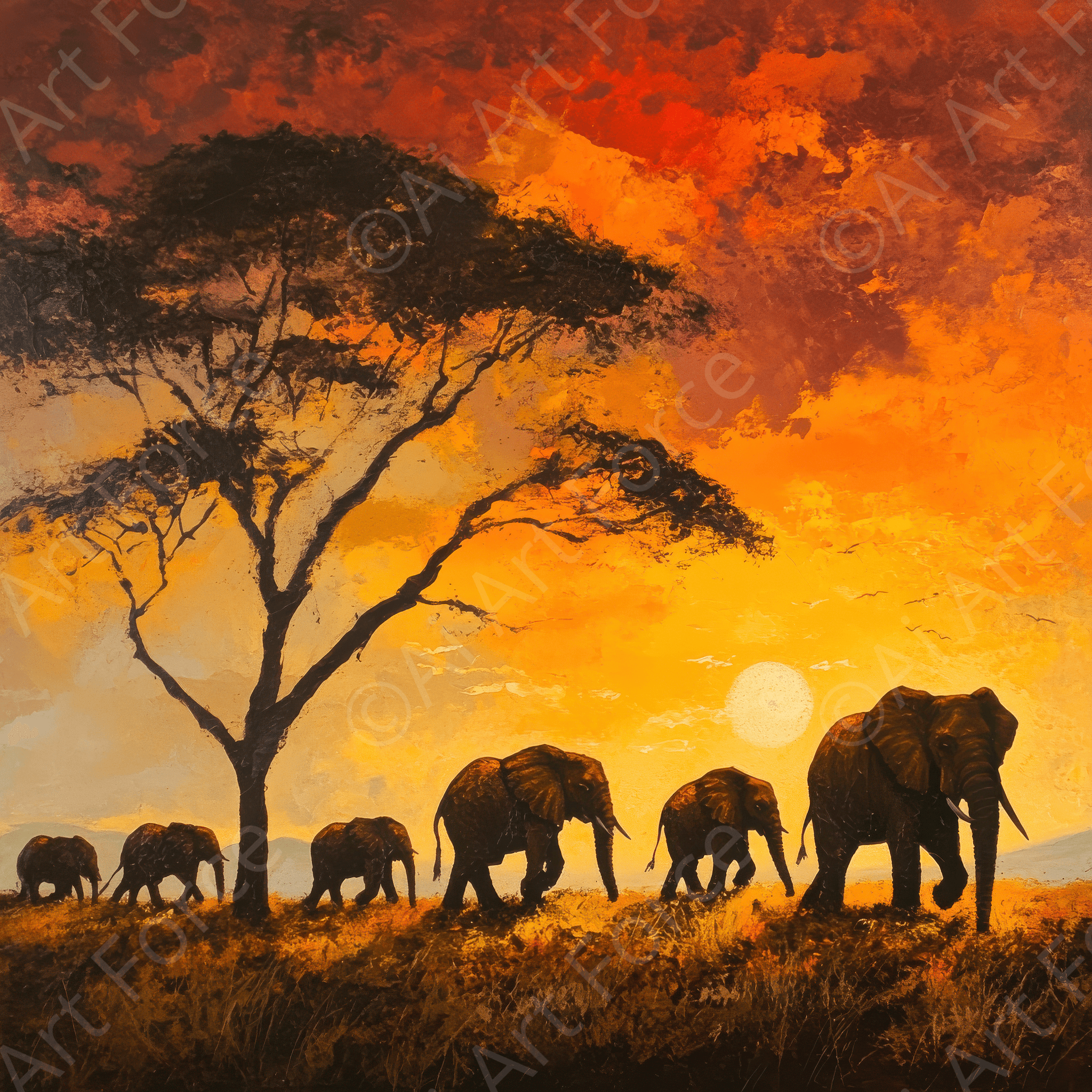 Digital Ai Artwork, of Herd of Elephants at Sunset, ideal for art enthusiasts and collectors.
