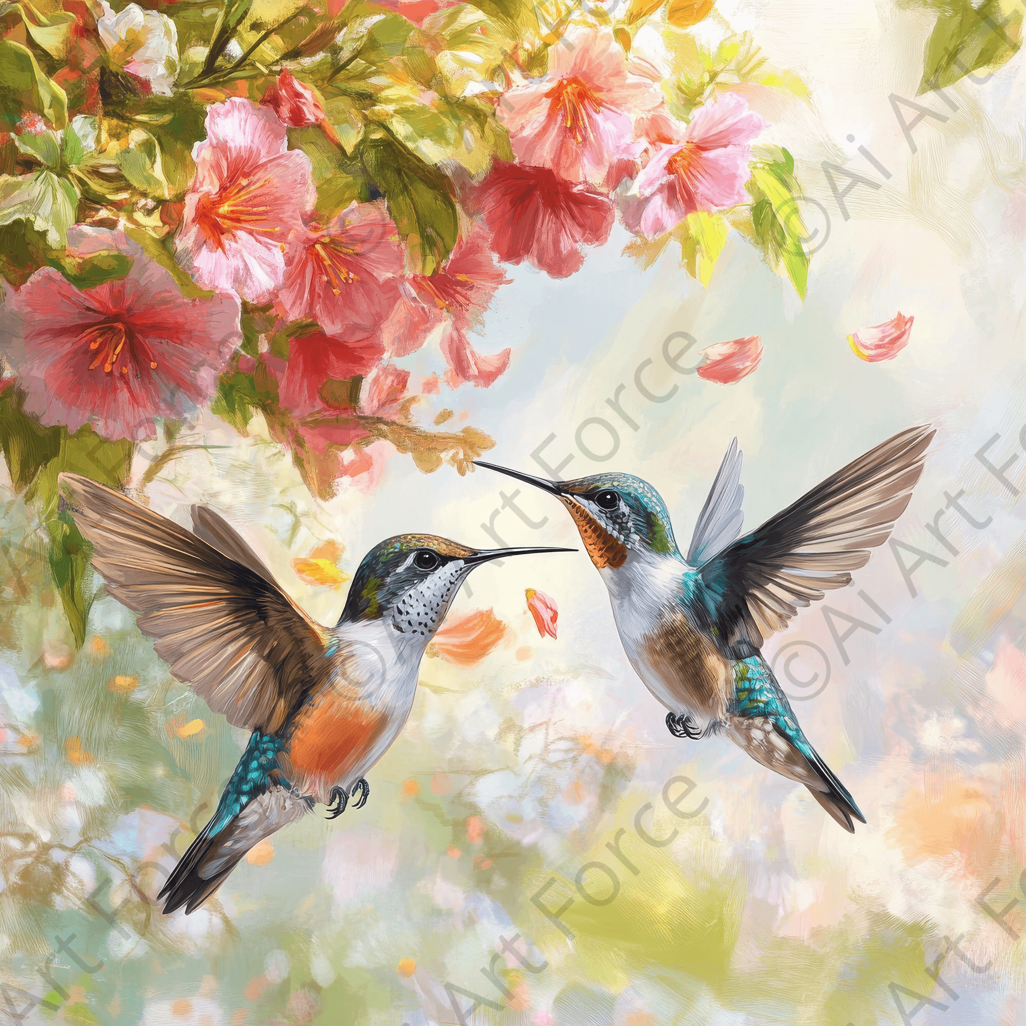 Digital Ai Artwork, of Hummingbirds Feeding on Flowers 2, ideal for art enthusiasts and collectors.