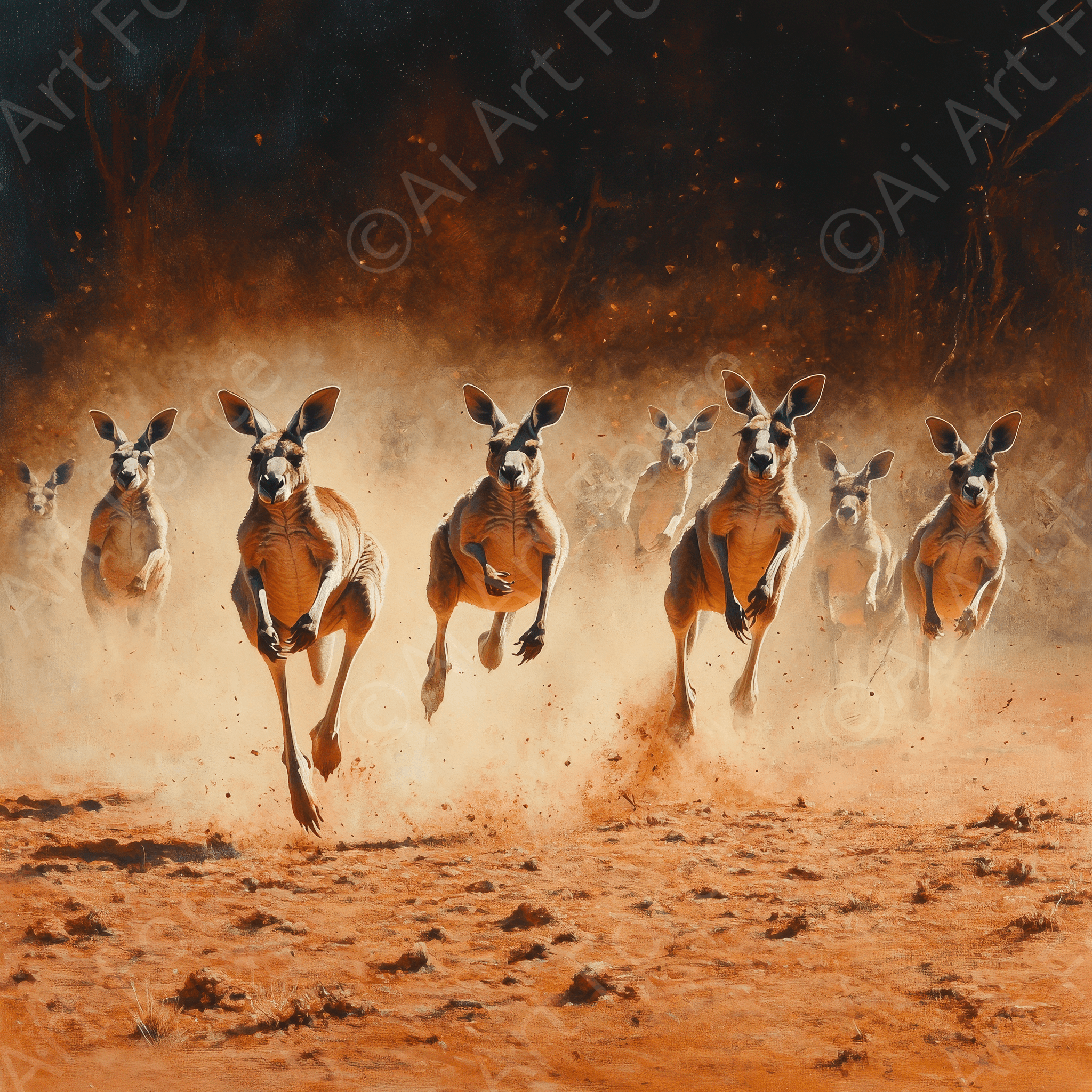 Digital Ai Artwork, of Kangaroos Hopping Across the Outback, ideal for art enthusiasts and collectors.