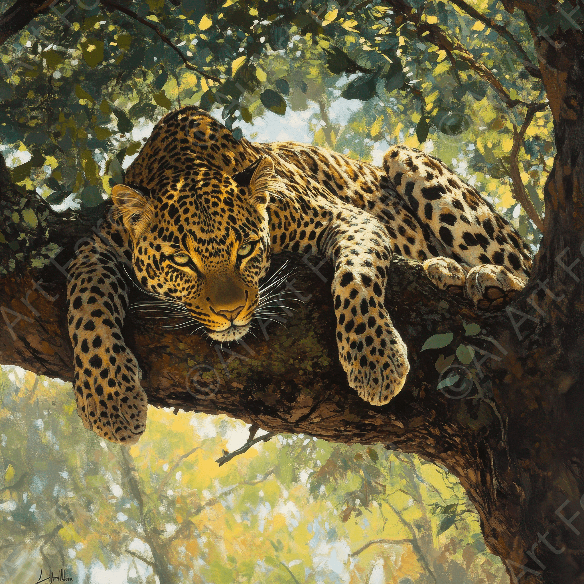 Digital Ai Artwork, of Leopard Resting on a Tree Branch 2, ideal for art enthusiasts and collectors.