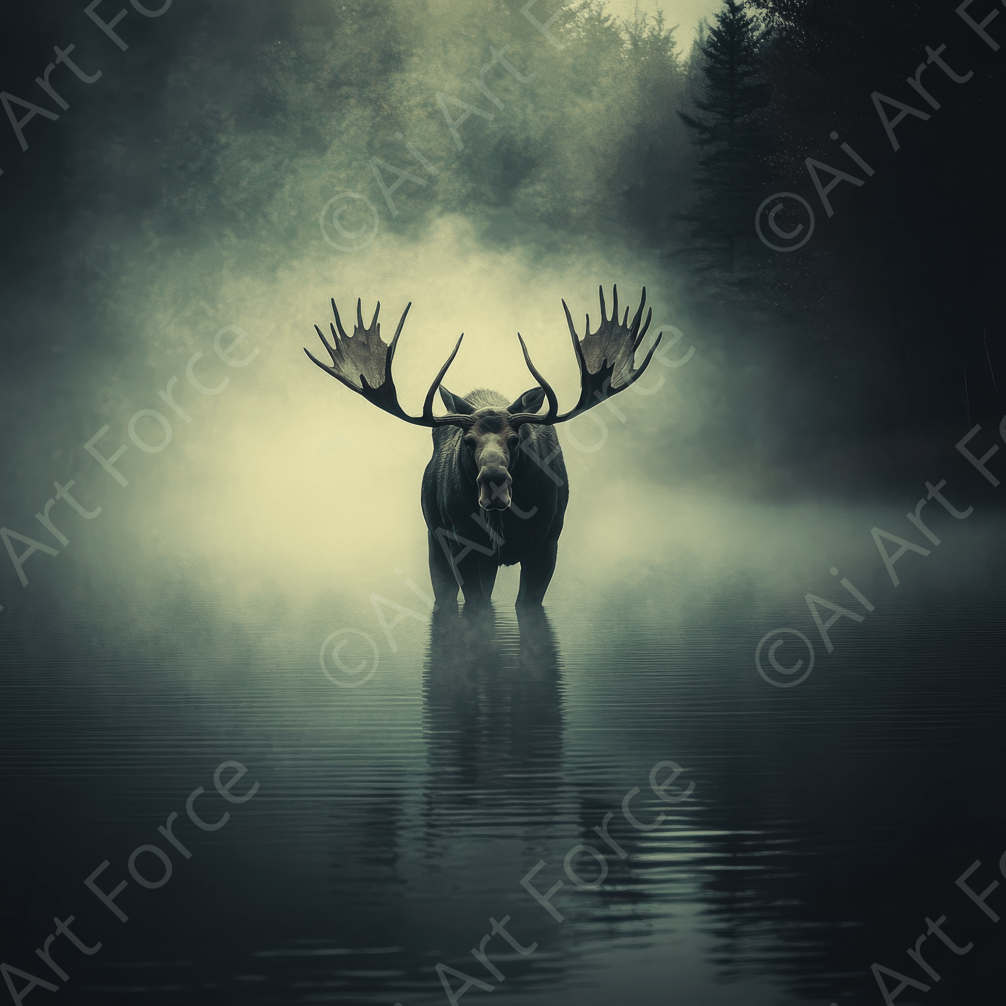 Digital Ai Artwork, of Moose Standing in a Misty Lake, ideal for art enthusiasts and collectors.