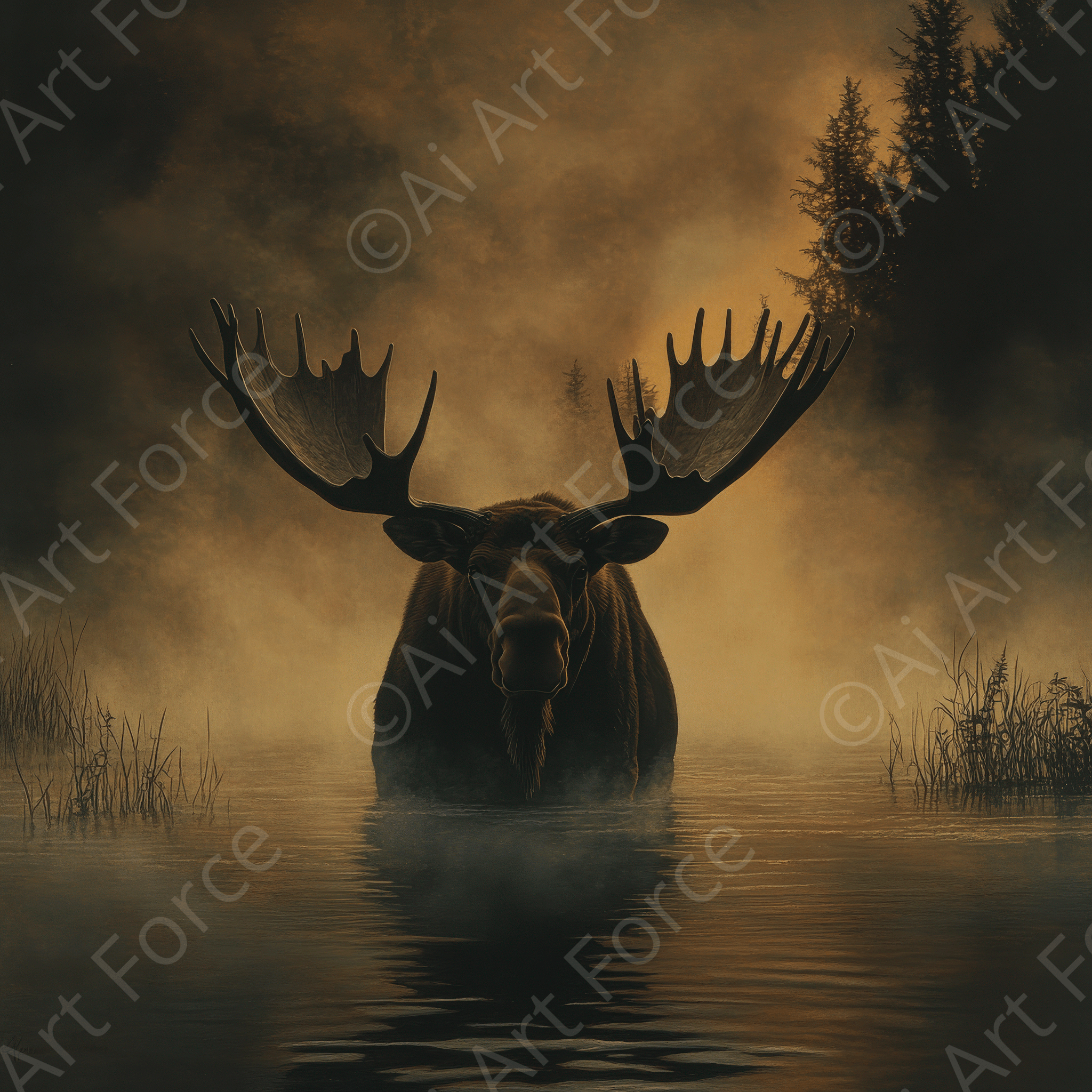 Digital Ai Artwork, of Moose Standing in a Misty Lake 2, ideal for art enthusiasts and collectors.