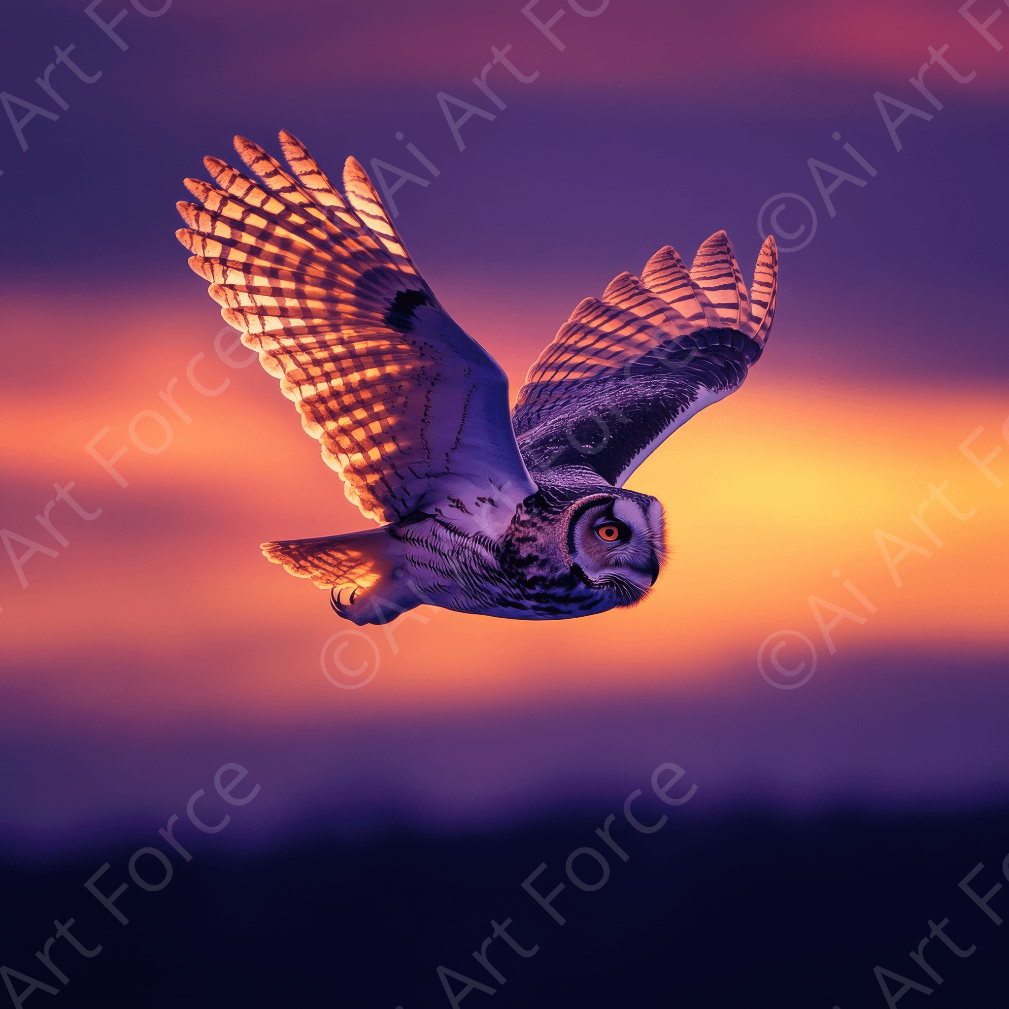Digital Ai Artwork, of Owl in Flight at Twilight 2, ideal for art enthusiasts and collectors.