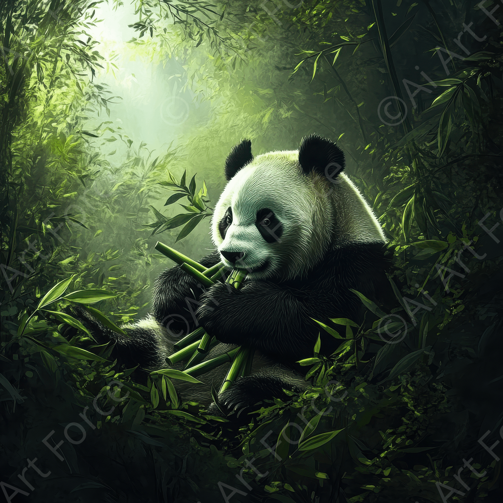 Digital Ai Artwork, of Panda Eating Bamboo in a Lush Forest 3, ideal for art enthusiasts and collectors.