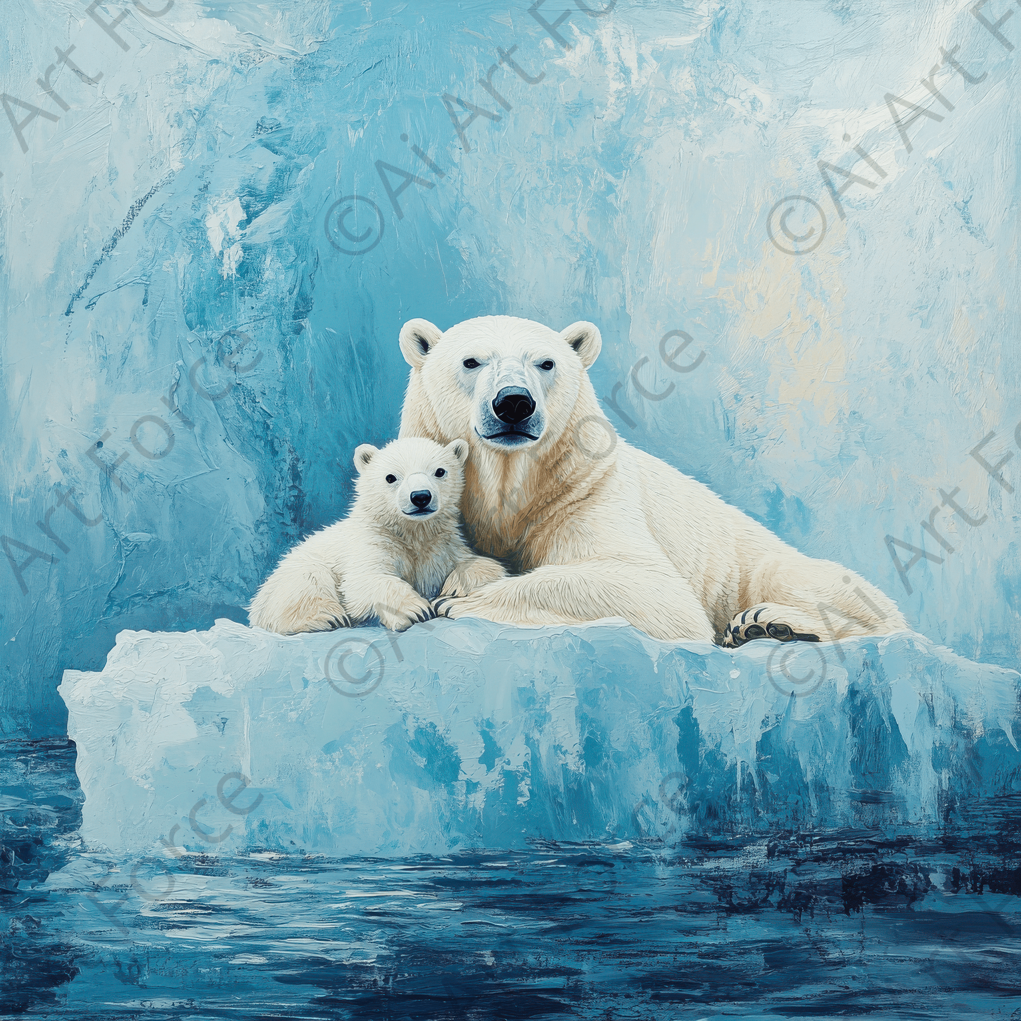 Digital Ai Artwork, of Polar Bears on an Iceberg, ideal for art enthusiasts and collectors.