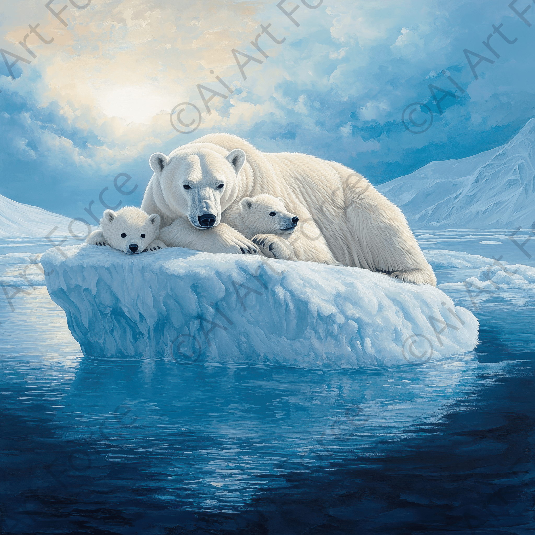Digital Ai Artwork, of Polar Bears on an Iceberg 3, ideal for art enthusiasts and collectors.