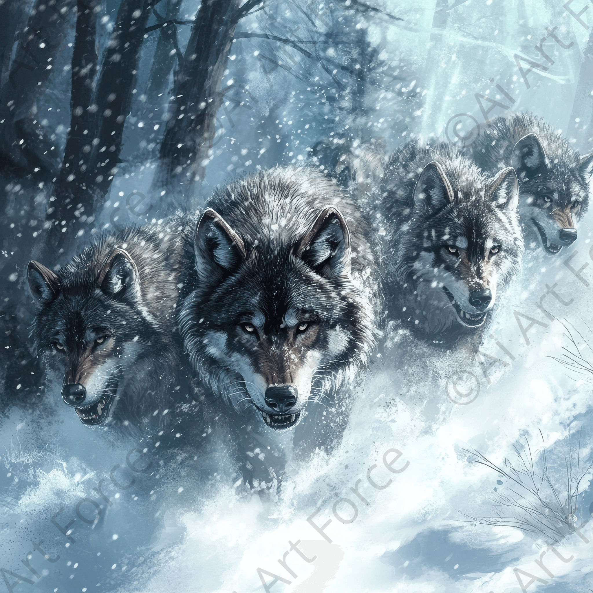 Digital Ai Artwork, of Wolf Pack in the Snowy Wilderness 2, ideal for art enthusiasts and collectors.