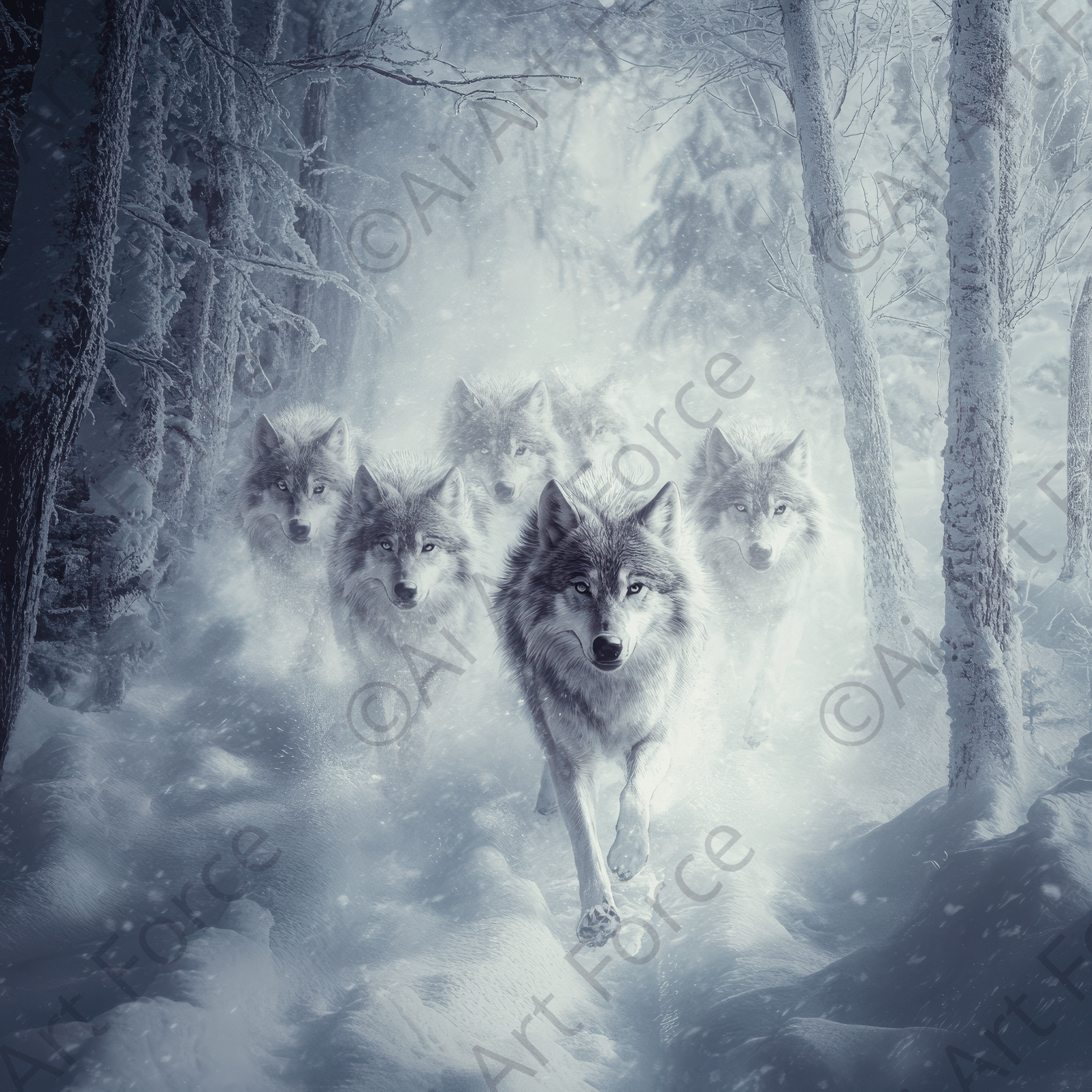 Digital Ai Artwork, of Wolf Pack in the Snowy Wilderness, ideal for art enthusiasts and collectors.